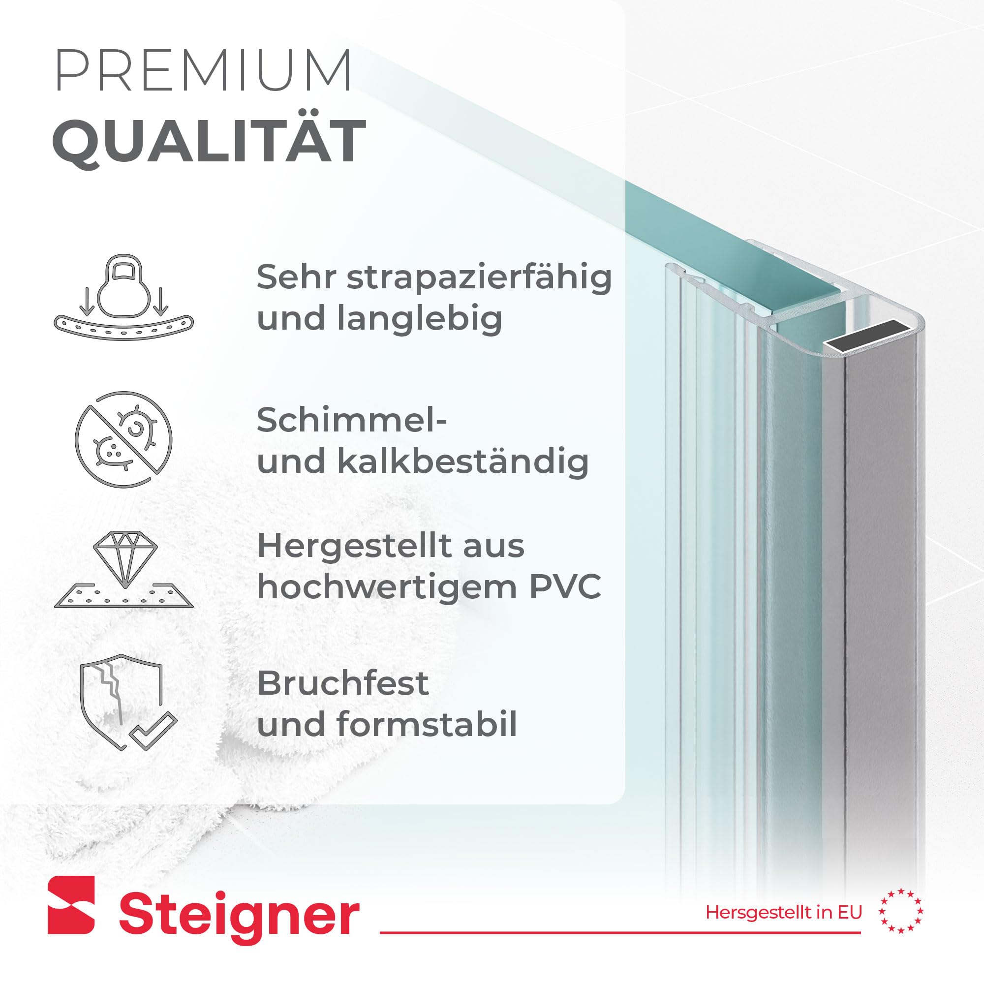 STEIGNER Magnetduschdichtungen UKM02 187 cm (2 Stk.) - Set 180°-Duschdichtungen für Eck-, Fünfeck-, Rund-, Nischen- oder Viertelkreisdusche mit Duschtür 6-8 mm - Perfekte Passform, Ästhetisches Finish