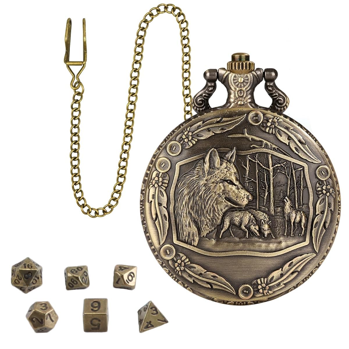 Mini set di dadi DND con orologio a forma di testa di lupo in rilievo, 7 dadi poliedrici in lega di zinco, catena in bronzo anticato, confezione regalo per giochi di ruolo da tavolo