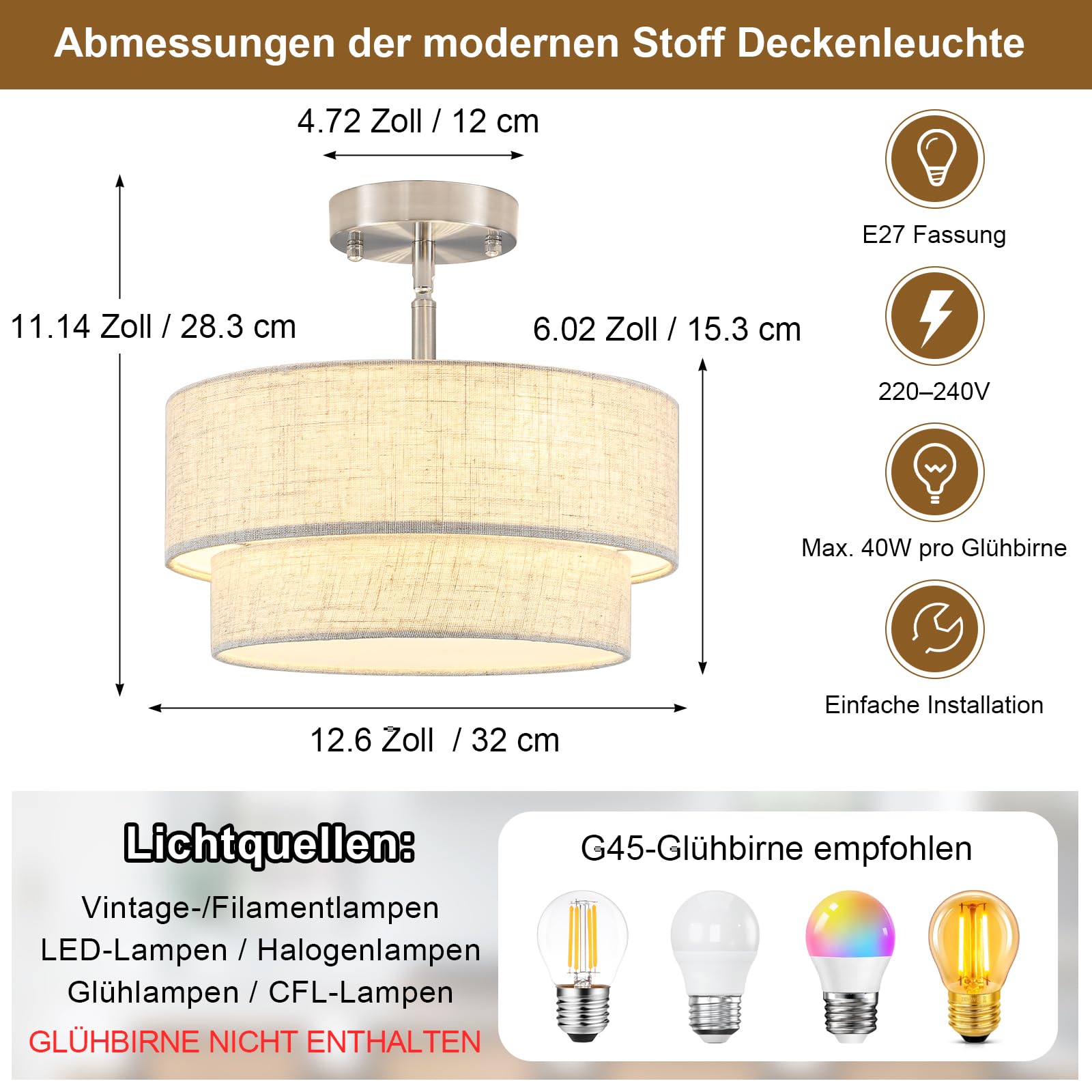 Deckenleuchte Silber 3-flammig, Moderne Stoff Deckenlampe E27 Wohnzimmer | Lampe für Schlafzimmer Kinderzimmer Esszimmer Flur, Runde Deckenlampe mit beige Leinenstoffschirm, Ø32 cm, weiches Licht