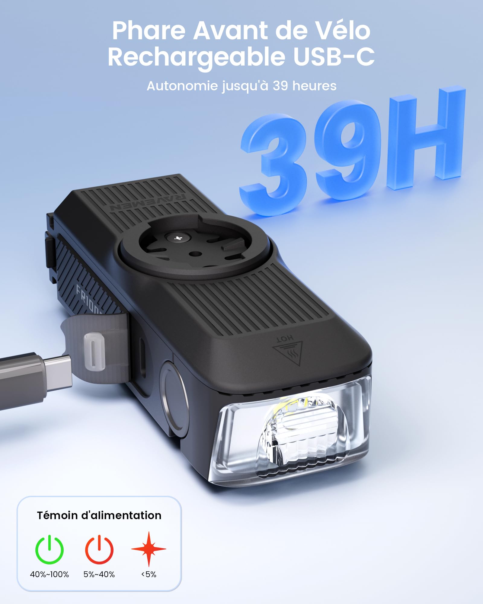 RAVEMEN FR1000 1000 Lumens Phare Avant pour Un éclairage Nocturne et Une Visibilité Diurne Compatible avec Garmin/Wahoo/Bryton Compteurs Vélo, éclairage et Support intégrés, Marche/Arrêt Automatique