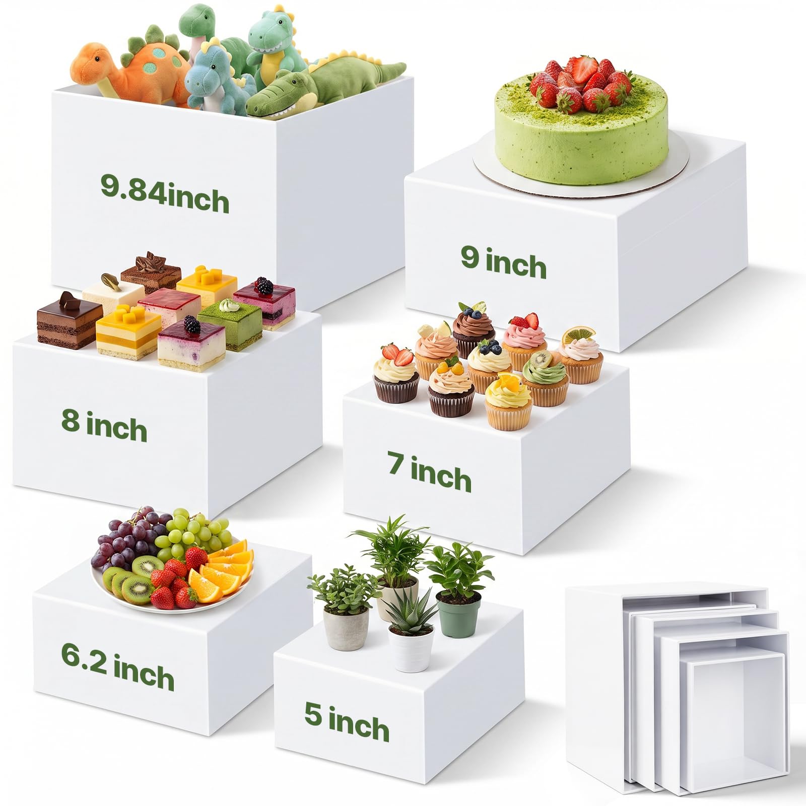 6 elevadores de buffet de 5 x 6 x 7 x 8 x 9 x 10 pulgadas, elevador de exhibición de pasteles de alimentos con letreros, acrílico, catering, postre, joyas, figuras coleccionables, decoración de mesa