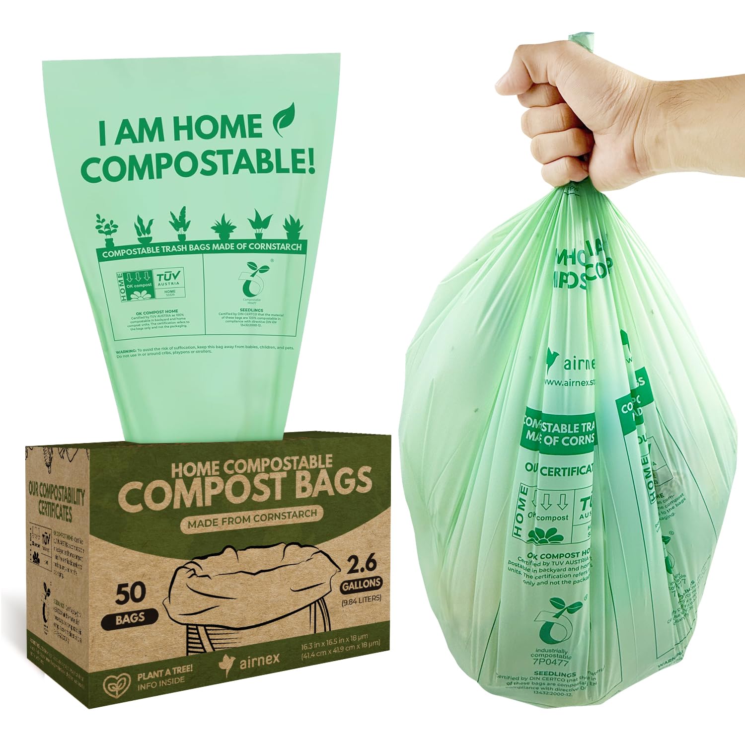 AIRNEX Small Compost Bags 2.6 Gal - 50 Compostable Kitchen Trash Bags for Countertop Bin - Cornstarch Leakproof &amp; Tear-Resistant - OK Compost Home &amp; Seedling Certified 0.18 mm Kitchen Garbage Bags