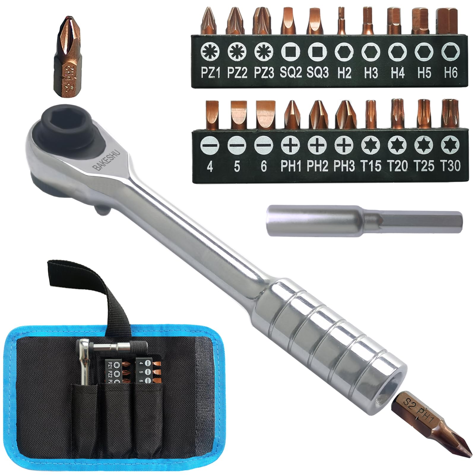 Mini Ratchet Screwdriver Set, Right Angle Screwdriver,Short Offset Screwdrivers with Phillips, Flat, Torx, Hex, Square,Pozidriv S2-Alloy Steel Bits (72-Teeth)