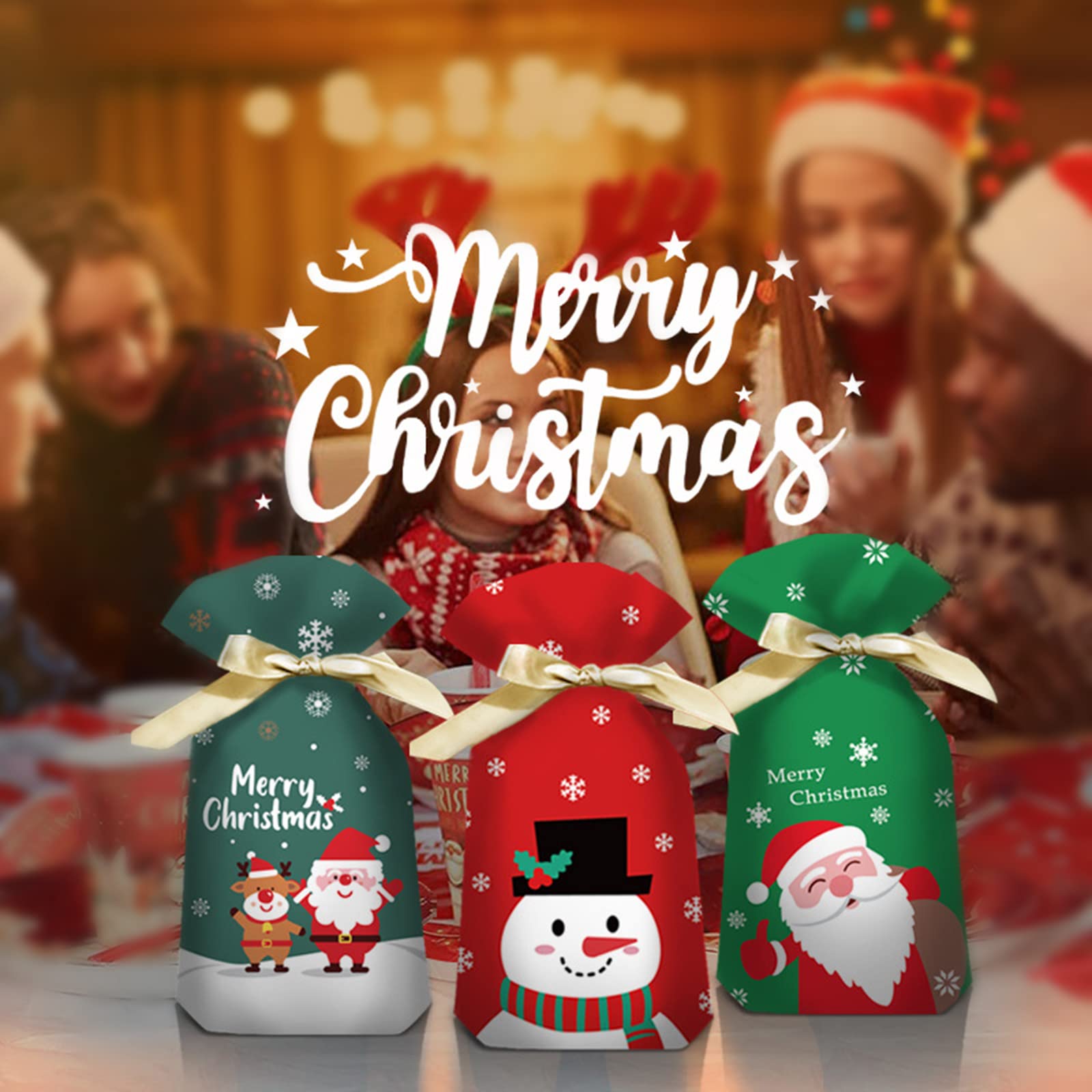 Torebki na słodycze, 50 Sztuk/Zestaw Świąteczne Torby Na Cukierki PEVA Cartoon Santa Snowman Prezenty(Red Nose)