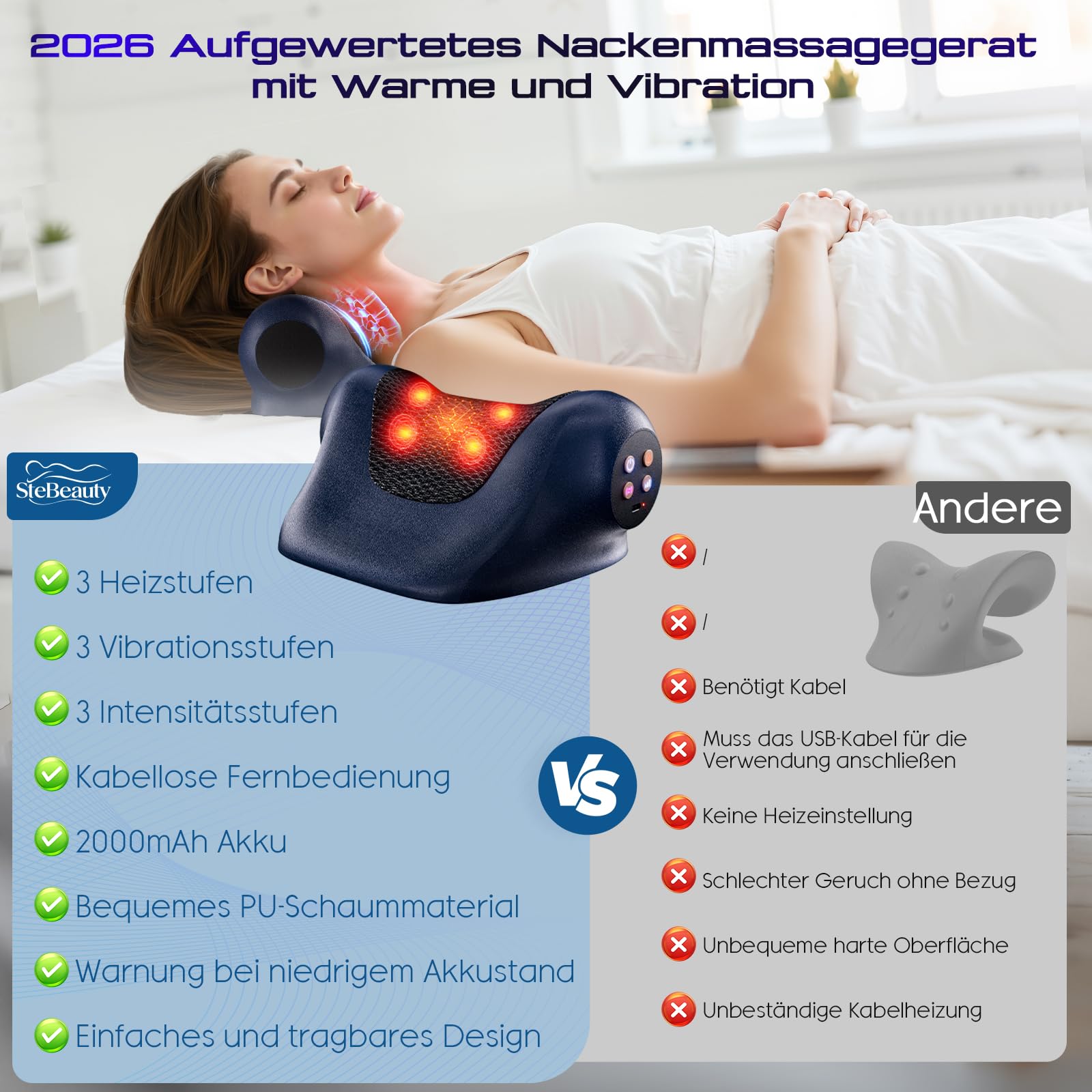 Nackenmassagegerät mit Wärme 3 Temperaturen (41-45°C), 3 Vibrationsmodi kabellos U-Form ergonomisch lindert Nacken Schulter & Rückenschmerzen Massagekissen, Geschenk für Damen Herren Eltern
