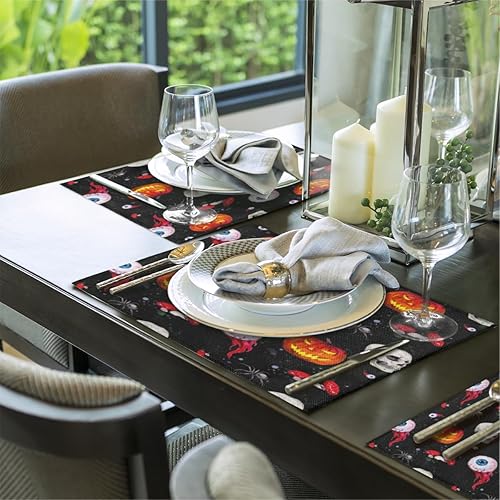 Miniatura 5 de Halloween Skull Pumpkin Glasses Placemats Set of 6 Fabric Placemats Square Placemat for Kitchen Table Heat Resistant, Easy to Clean Table Placemats