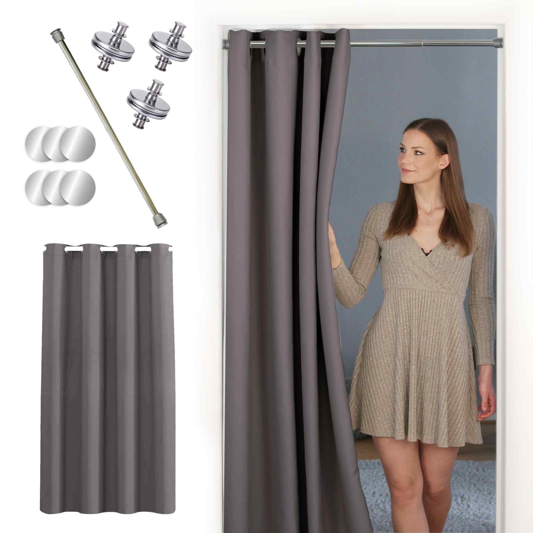 tinycurtains Türvorhang mit Vorhangstange & Magneten zum Abdichten, einfache Montage in nur 1 Minute ohne Bohren mit Silber Stange + 6 Magnete