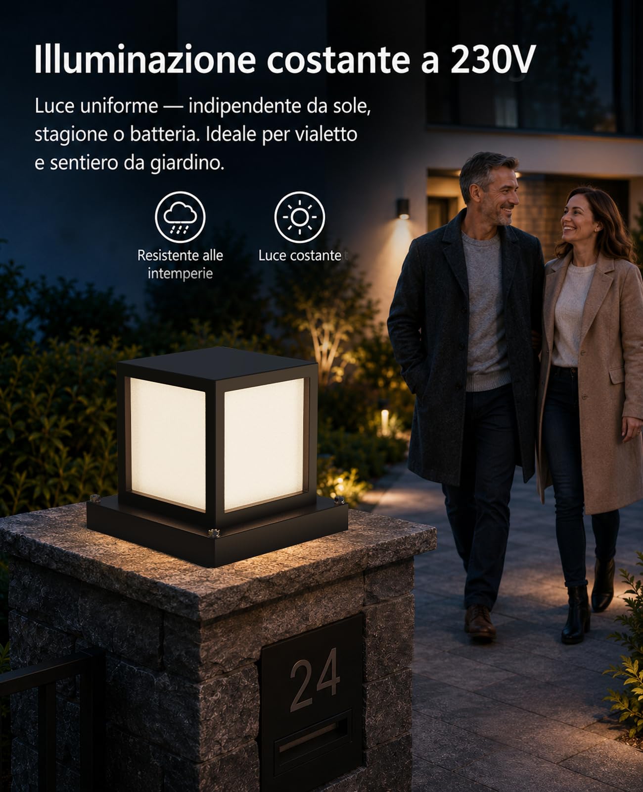 Lampioncino da Giardino Esterno E27 3000K Nero | LED 12W Lampada da Pilastro Esterno, Struttura in Metallo, 23 × 23 × 20 cm, per Vialetti, Patio e Terrazza