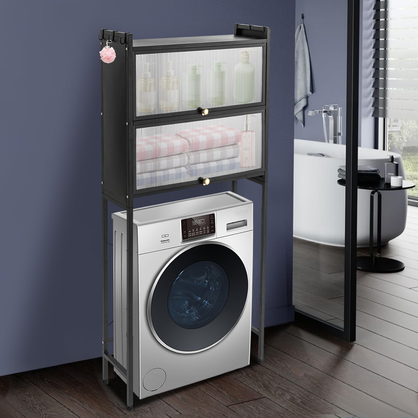 Estantería de almacenamiento sobre lavadora, estantería de baño de acero al carbono, 2 niveles, estantería para lavadora con 6 ganchos extraíbles, organizador de baño para lavadora y secadora (negro)