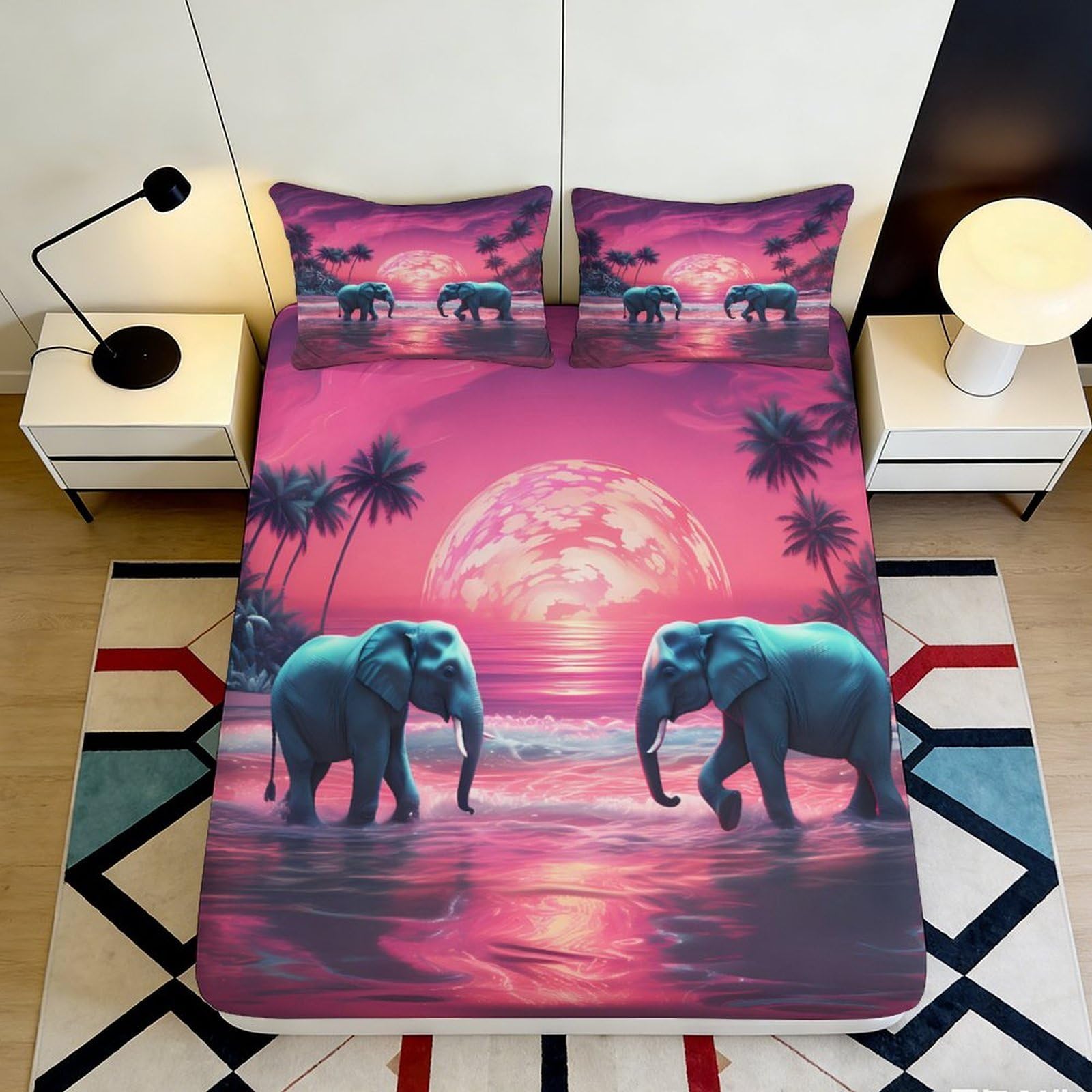 3D Printed Sunset Elephant Fitted Sheet Microfiber Pink Jungle Palm Bed Cover for Bedroom Guest Room Decor 90x200x25cm