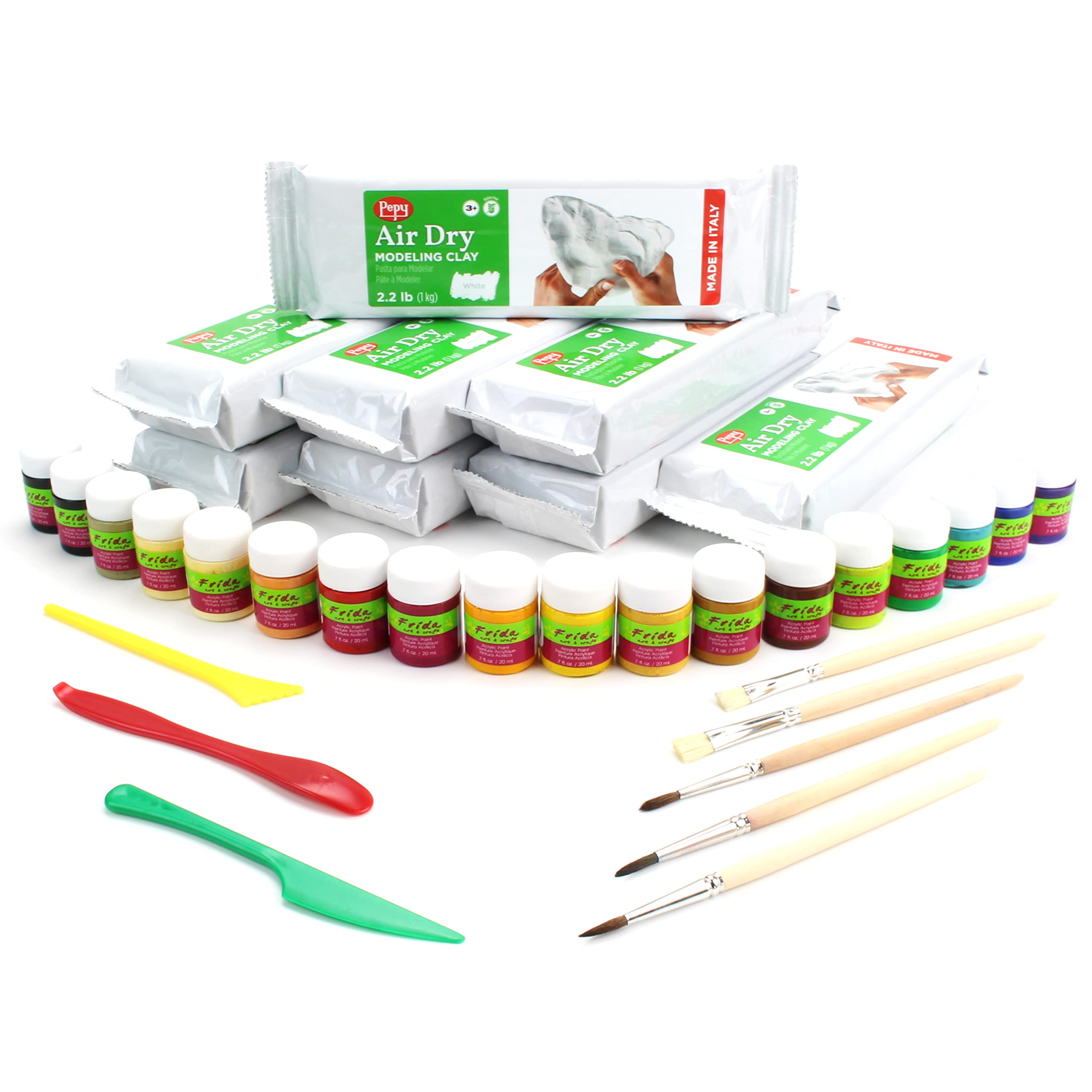 Pepy Premium European Air Dry Modeling Clay with 8 2.2 lb Bars of White Clay, Plus 19 Jars of Paint, 5 Brushes and 3 Sculpting Tools, Easy to Use Clay for Classroom and Crafts Projects
