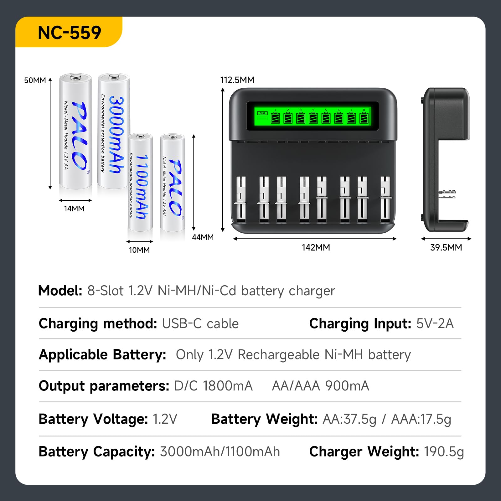 Batería AA NiMH de 1,2 V con cargador, pilas AA recargables 8AA