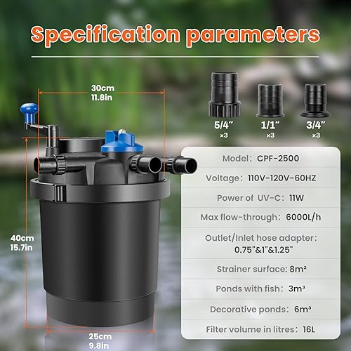 Miniatura 6 de Anbull Filtro de estanque de presión biológica, filtro biológico presurizado de 1580 GPH con luz de 11 vatios, sistema de filtro de estanque con