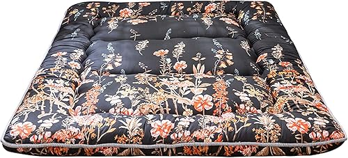 MAXYOYO Colchón de suelo de futón japonés floral negro, cubrecolchón de cama portátil grueso para dormir, cama de suelo, colchón enrollable para