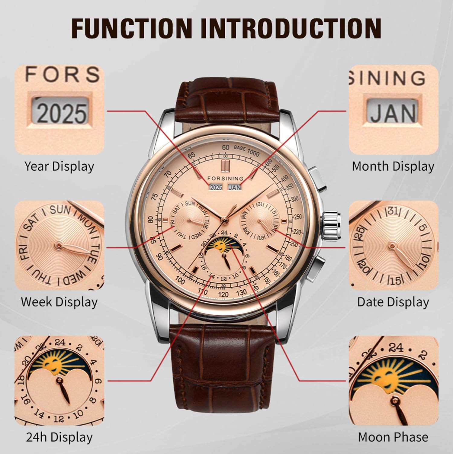 Forsining FSG319M3T2 Montre pour homme automatique avec phases de lune et bracelet en cuir