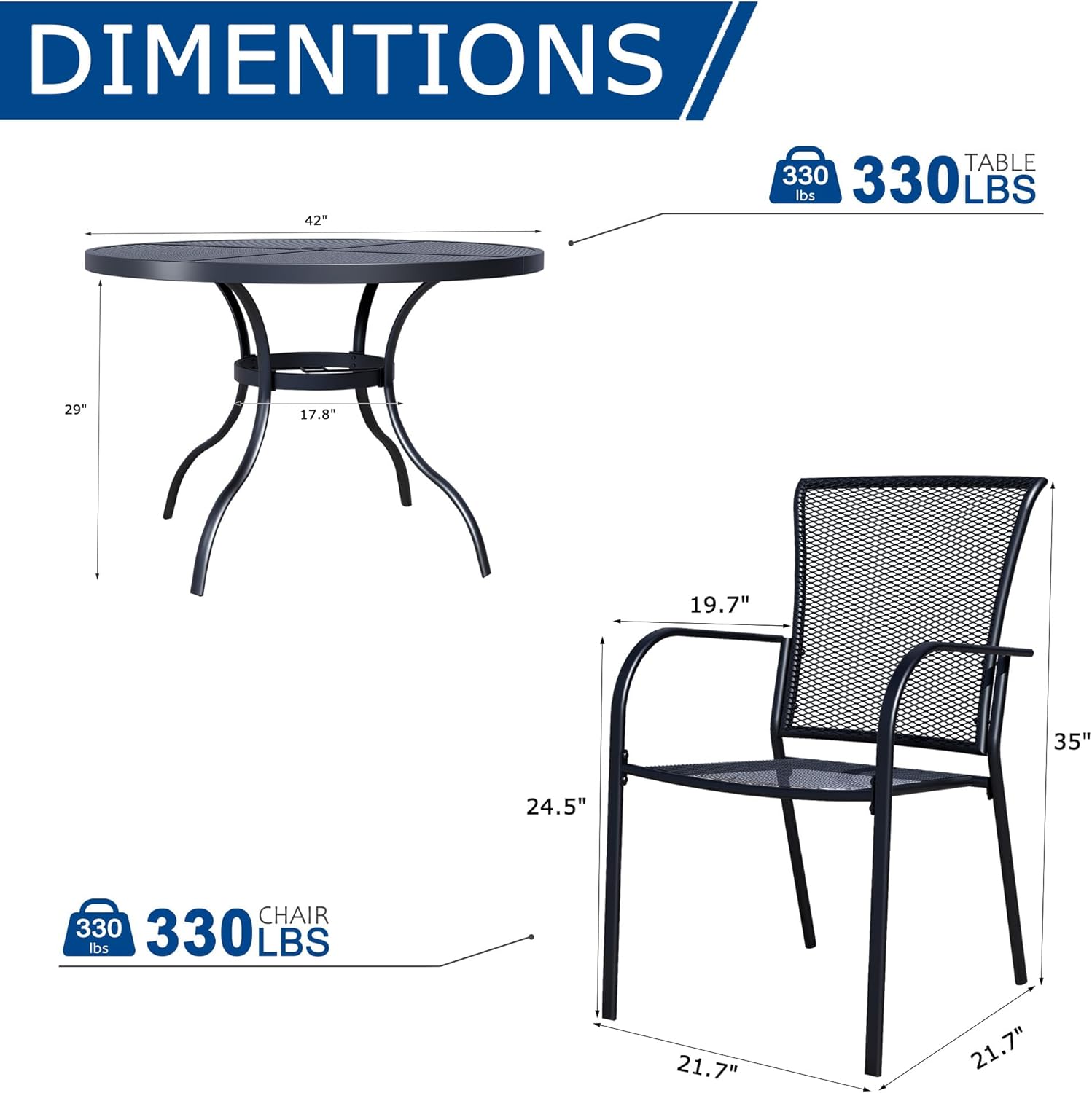 5 Pieces Outdoor Dining Set for 4, Black Metal Mesh Outdoor Dining Table and 4 Black Metal Mesh Stackable Patio Chairs with Armrest, Patio Table and Chairs Set for Lawn Garden Backyard