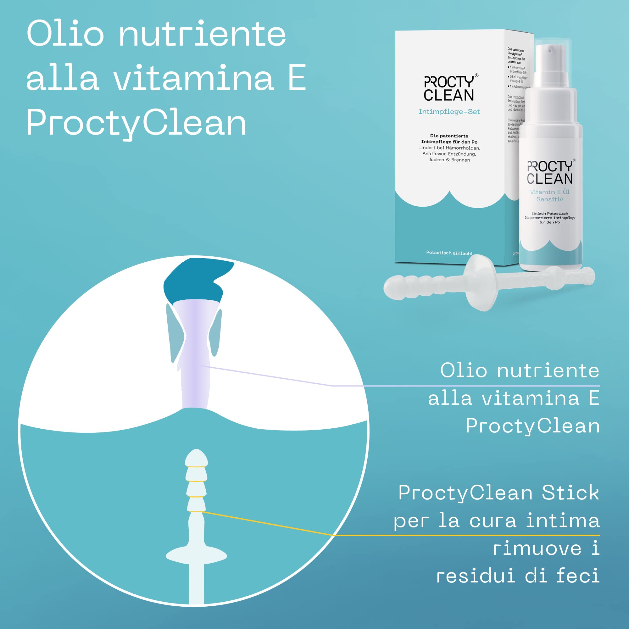 ProctyClean Kit per l'igiene intima del sedere. Brevettato! Aiuto rapido attraverso l'igiene intima. Soprattutto in caso di emorroidi, ragadi anali, prurito e bruciore. Per donne e uomini. | Brevettato, Aiuto rapido attraverso l'igiene intima. Soprattutto