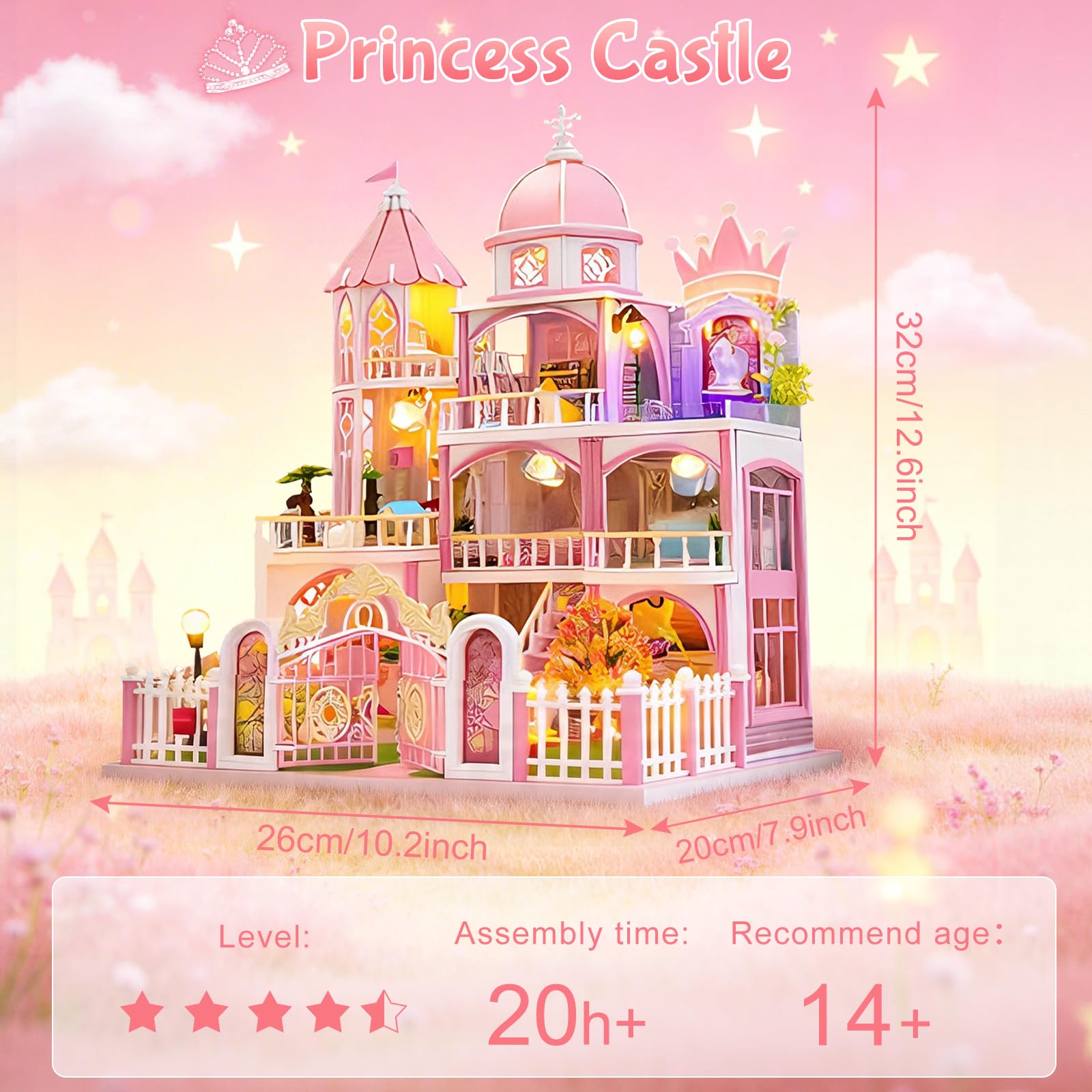 Cuteefun Casa de Muñecas en Miniatura con Luz LED (Castillo de Princesa) | Modelos de Madera Hechos a Mano, ¡Construye la Casa de Tus Sueños, Decoración para el Hogar, Cumpleaños y Navidad