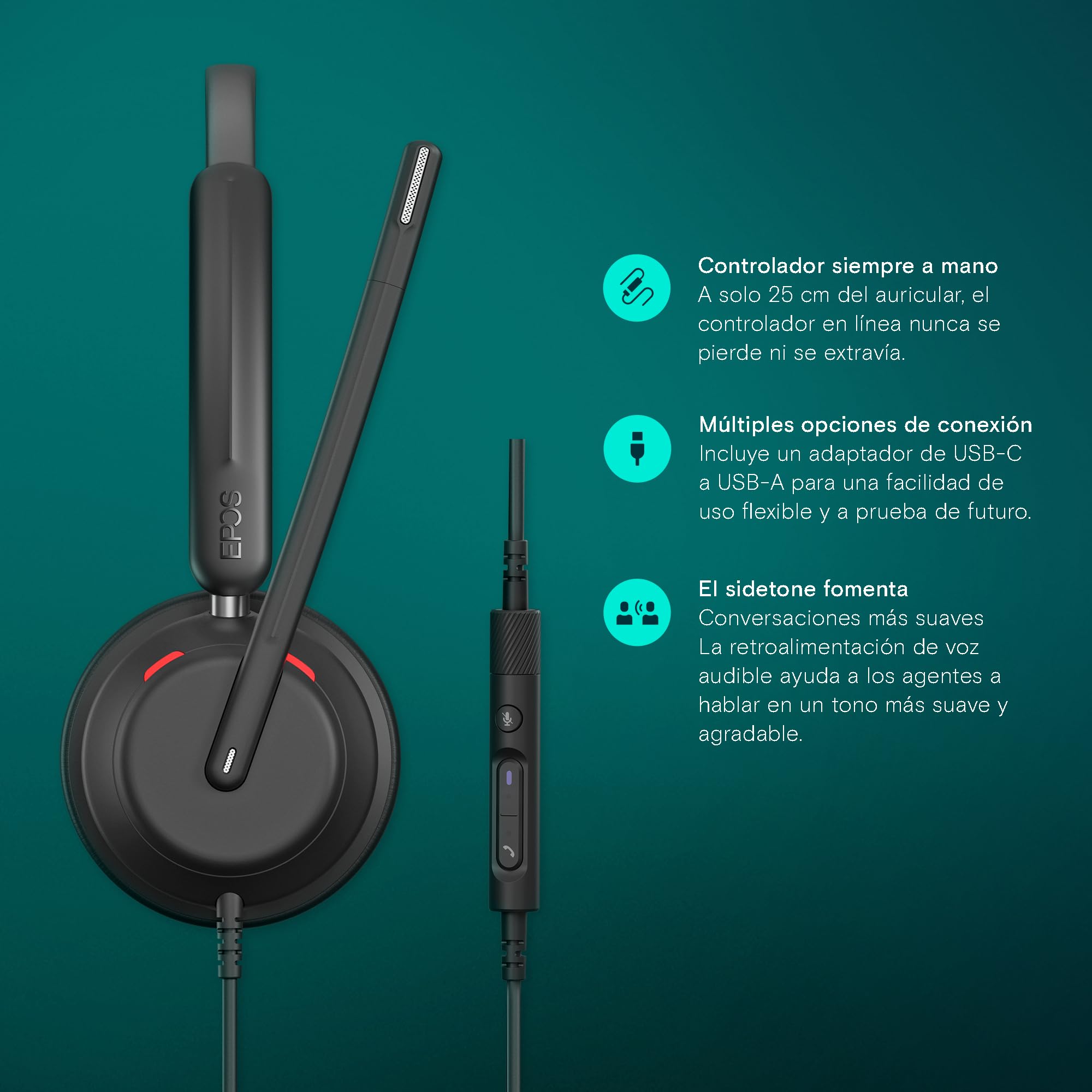 EPOS IMPACT 760T Auriculares con Cable de Doble Auricular para PC con Micrófono con Cancelación de Ruido, Certificado Teams, USB-C y USB-A, Controles In-Line, Super Wideband Audio, Comodidad Extrema