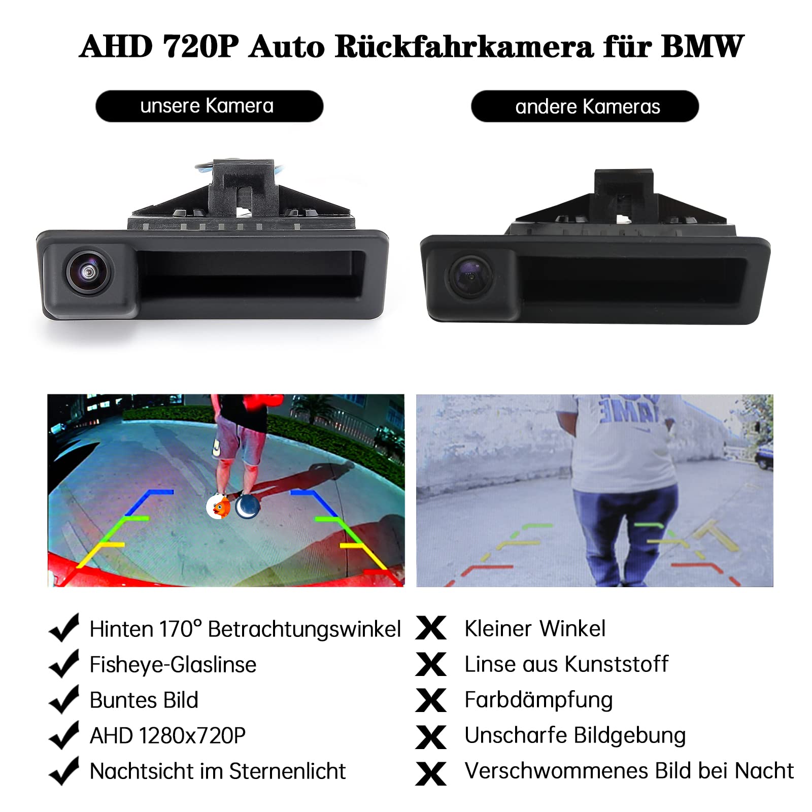 AHD 720P Auto Rückfahrkamera für BMW 3 Series 5 Series X6 E39 E60 E70 E82 E90, 170 Grad Fischaugen Objektiv Auto-Rückfahrkamera mit Kofferraumgriff