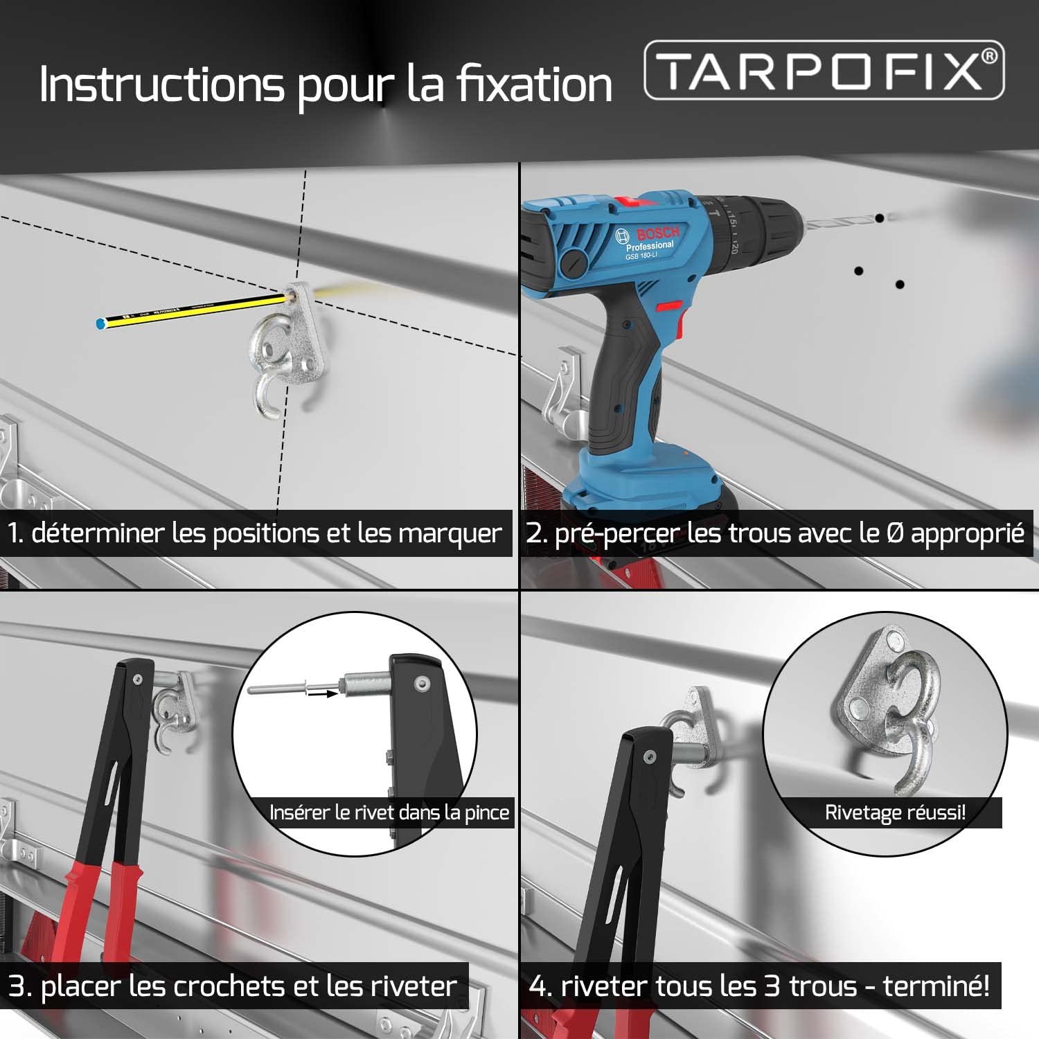 Tarpofix® Crochet arrimageà trois trous rivets incl. pour bâche de remorque & filet de remorque (10 pcs) | Accessoire pour remorque à trois trous en fonte galvanisée - anneau d'arrimage à trois trous