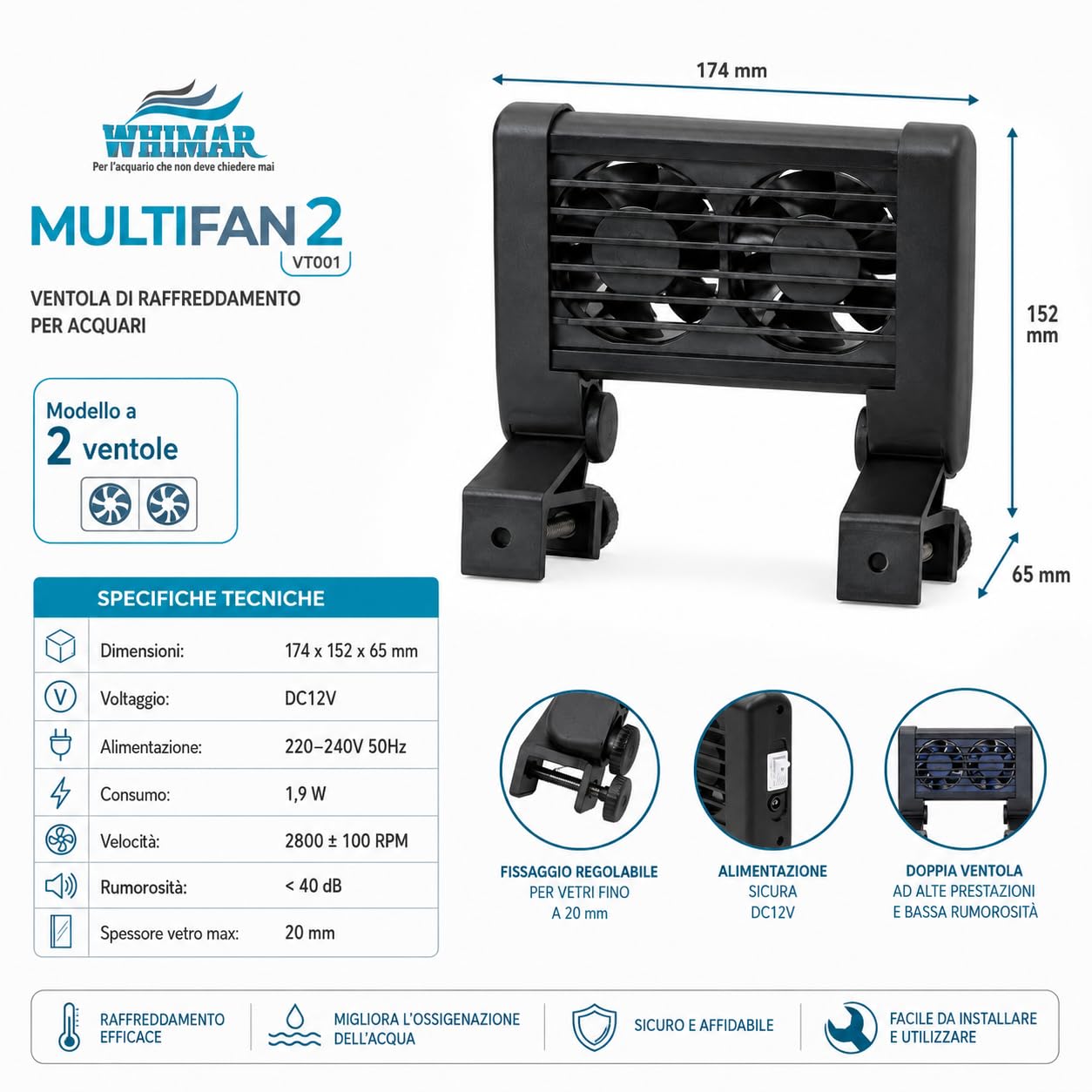 Whimar MultiFan 2 Ventola di Raffreddamento per Acquario, 2 Ventole 12V, Basso Consumo 1,9W, Silenziosa <40 Db, per Acquari 40-80 Litri, Supporto Regolabile per Vetro Fino a 20 mm