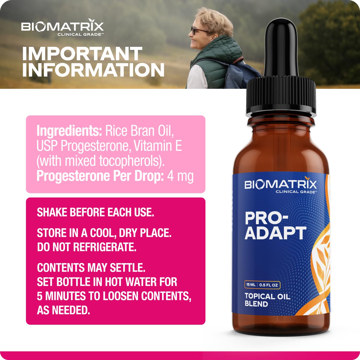 BioMatrix Progesterone, Micronized with Rice Bran Oil and Vitamin E | Bottle is 1/3 Full by Design Pro-Adapt 15 ml | 30-60 Day Supply