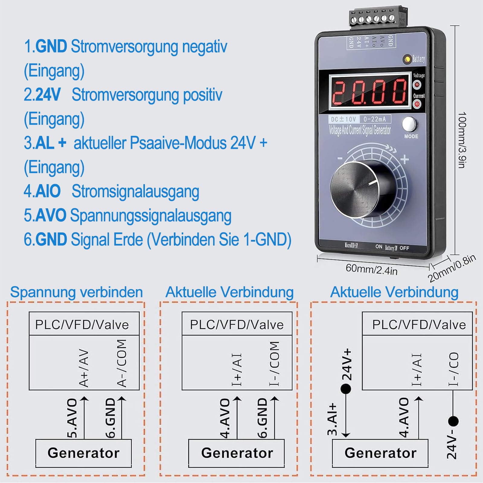 Handheld Digitaler Signalgenerator, 0-10V 0-22mA Einstellbare Spannungsstromsignalgenerator Analoger Simulator, Strom-Spannungs signal generator Stromspannung Analoger für SPS System Debugging