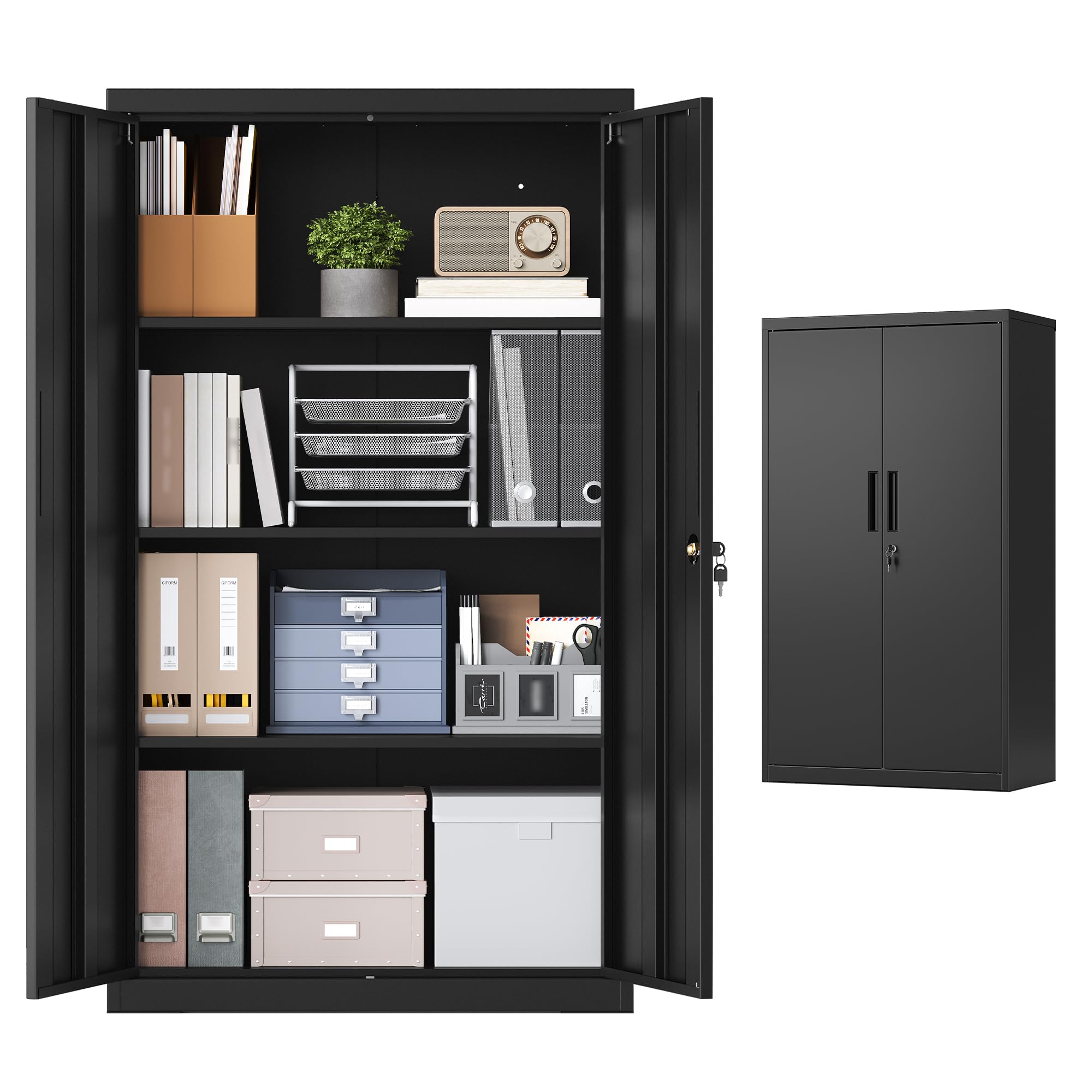 SONGMICS OMC020BD01 szafka na akta, metalowa szafka do przechowywania, szafka biurowa, zamykana, z 2 drzwiami, ze stali, 80 x 40 x 140 cm, 3 regulowane półki, matowa czerń