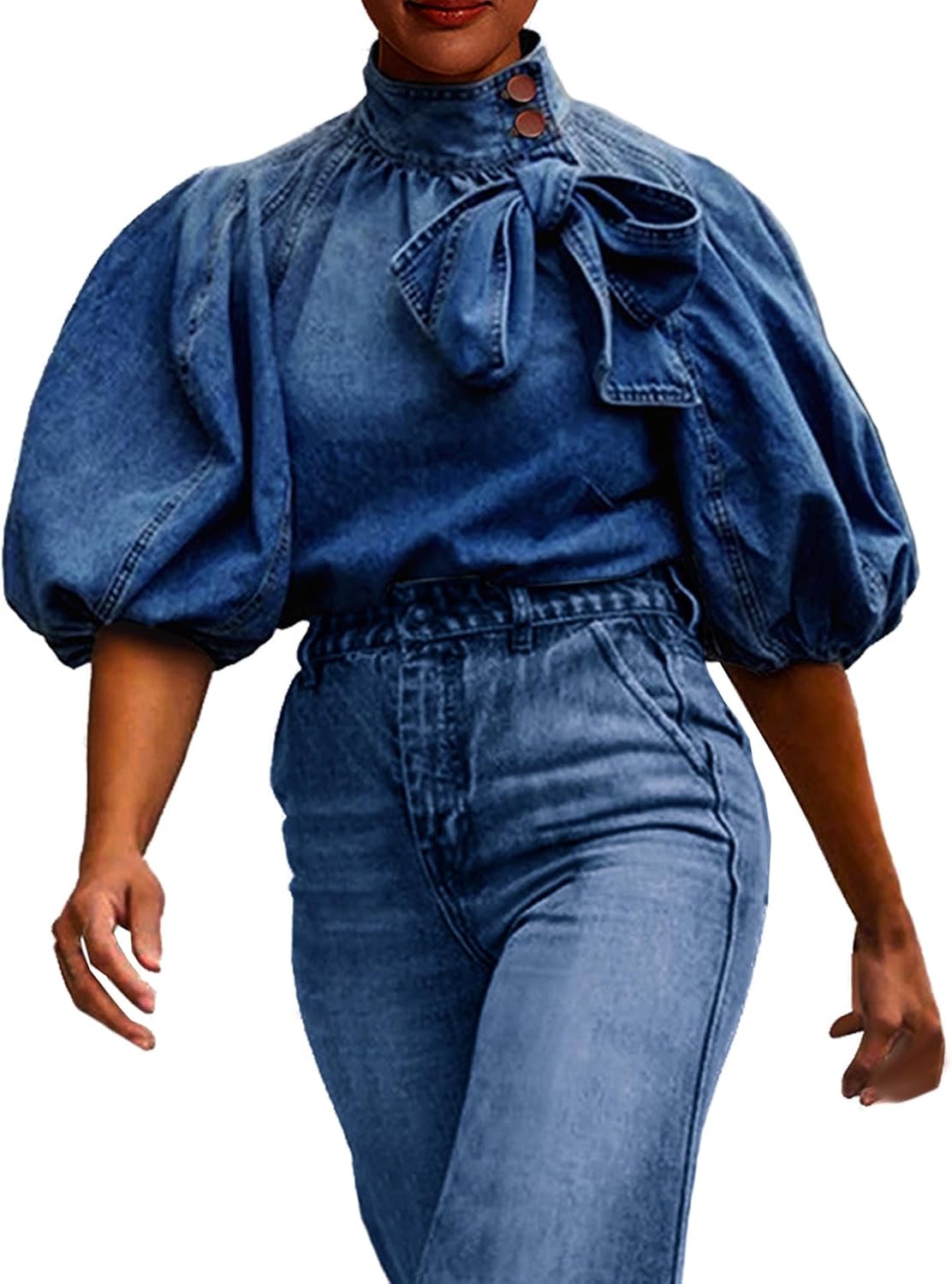 SEMATOMALA Women's Puff Sleeve Blue Denim Blouse Top Bow Tie Mock Neck Short Sleeve Oversized Pullover Jean Shirt