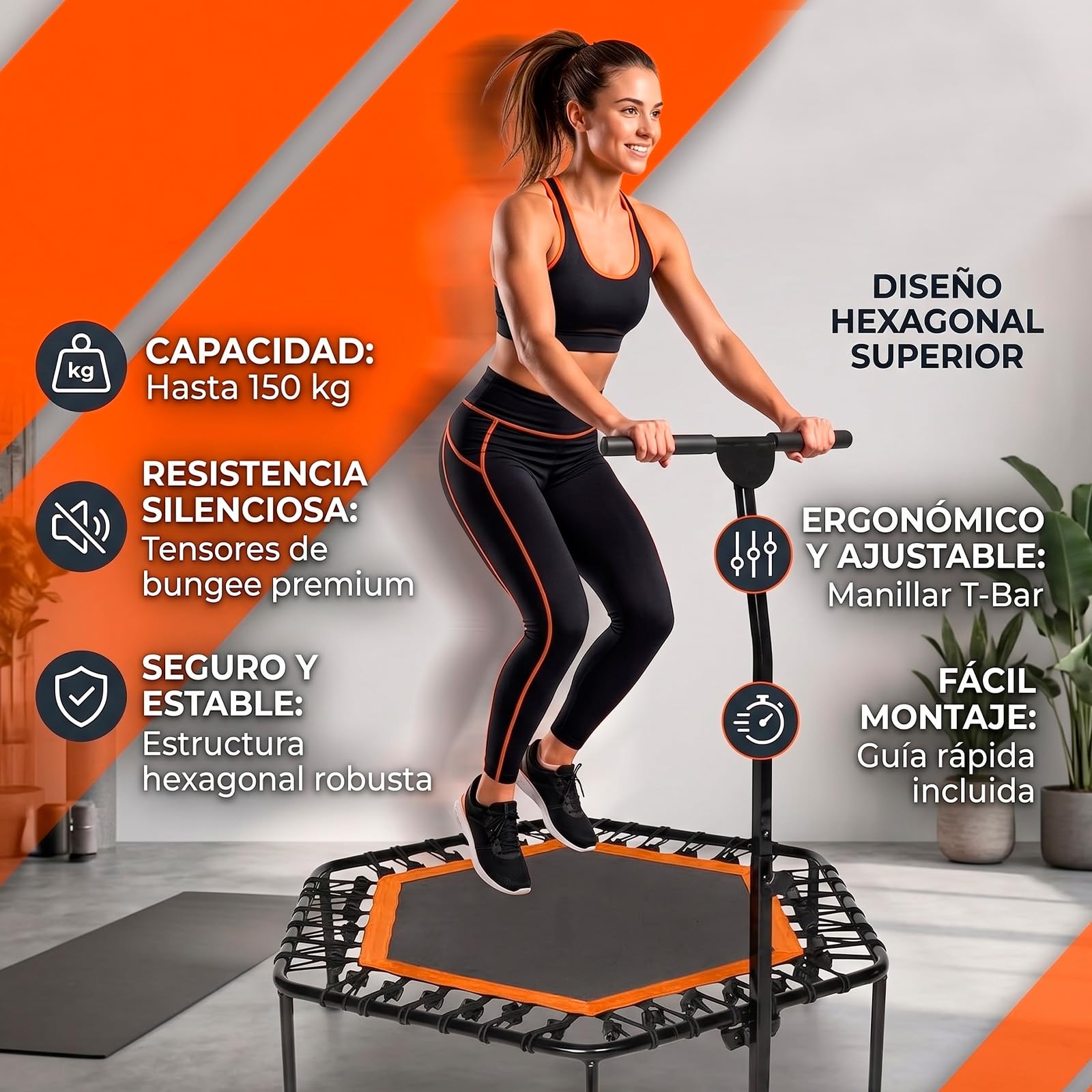 Cama Elástica Fitness con Manillar, Trampolín Plegable, Altura Ajustable, Diámetro 95cm, Instalación Fácil, Mango Ajustable en 5 Niveles, Jump Fitness