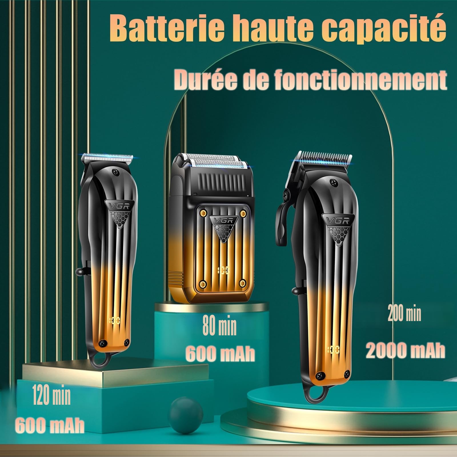 VGR 644 Tondeuse Pour Hommes Professionnelle | Tondeuse à Barbe Sans Fil & Rasoir Électrique, Kit de Coupe de Cheveux Rechargeable 3 Pièces avec Écran LED