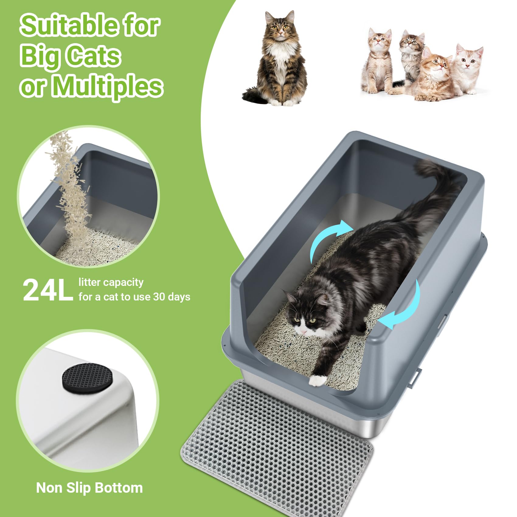 LIHONG Stainless Steel Cat Litter Box, XL Metal with Lid, Cat Litter Pan for Large Cats, Non-Sticky Large Kitty Litter Box, Anti-Leakage, 23.5" X 15.5" X 14" XXL - image 2