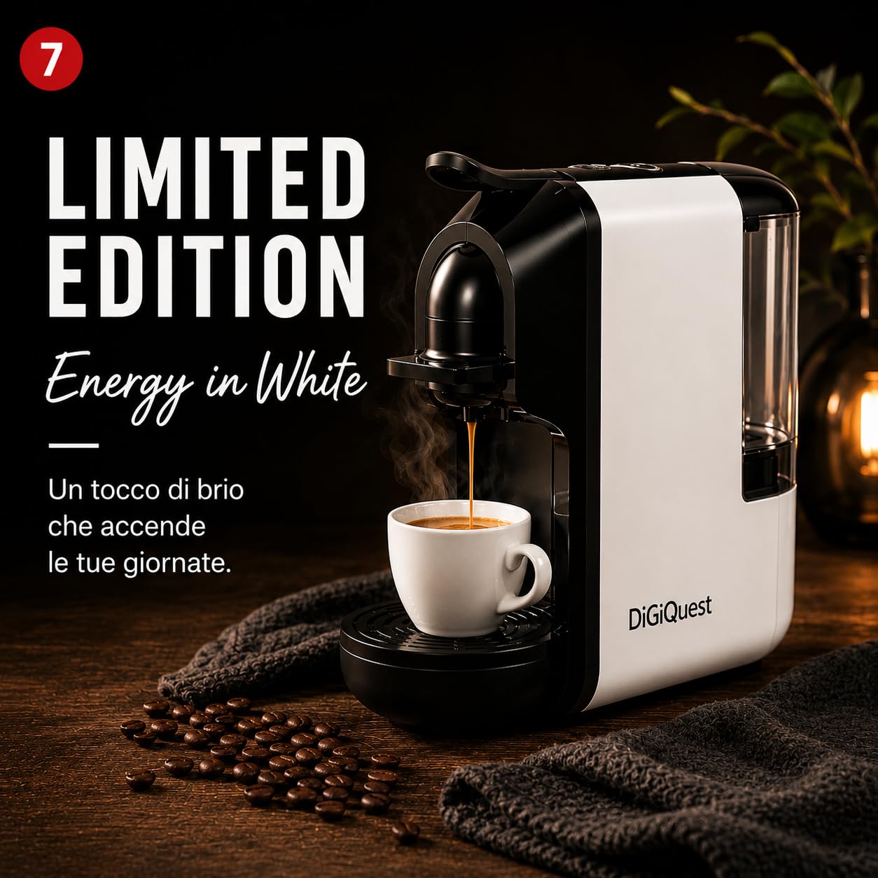 DIGIQUEST Cafetera COFFY WHITE 3 en 1 compatible con Nespresso®, Dolce Gusto® y A Modo Mio® | Café corto y largo | 1450 W de potencia | 0,6 litros | 19 bar | Edición limitada