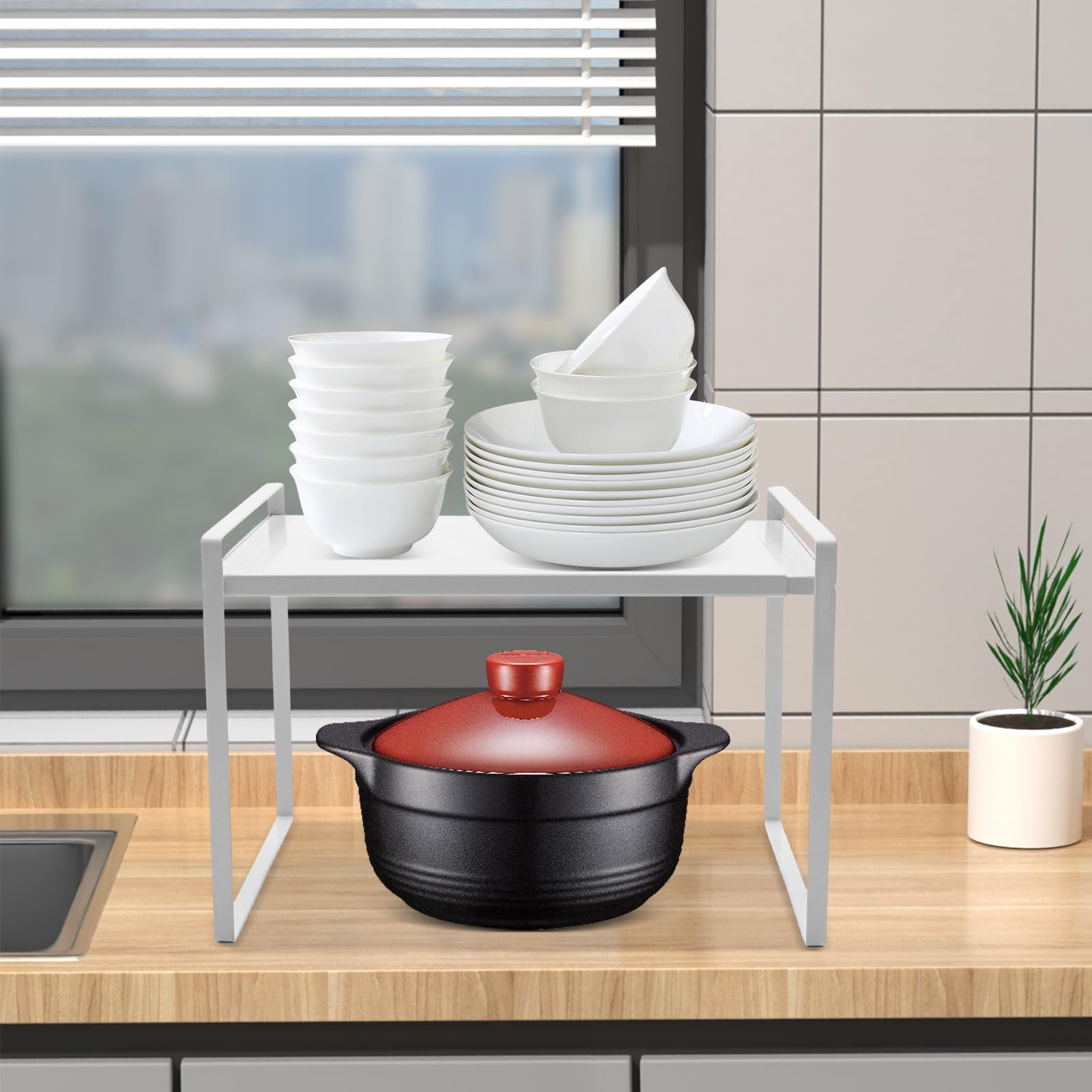 Scaffale da cucina espandibile regolabile, scaffale telescopico per armadi e controsoffitti, soluzione di archiviazione da 34-63 cm, sistema di mensole bianche per la massima efficienza di spazio