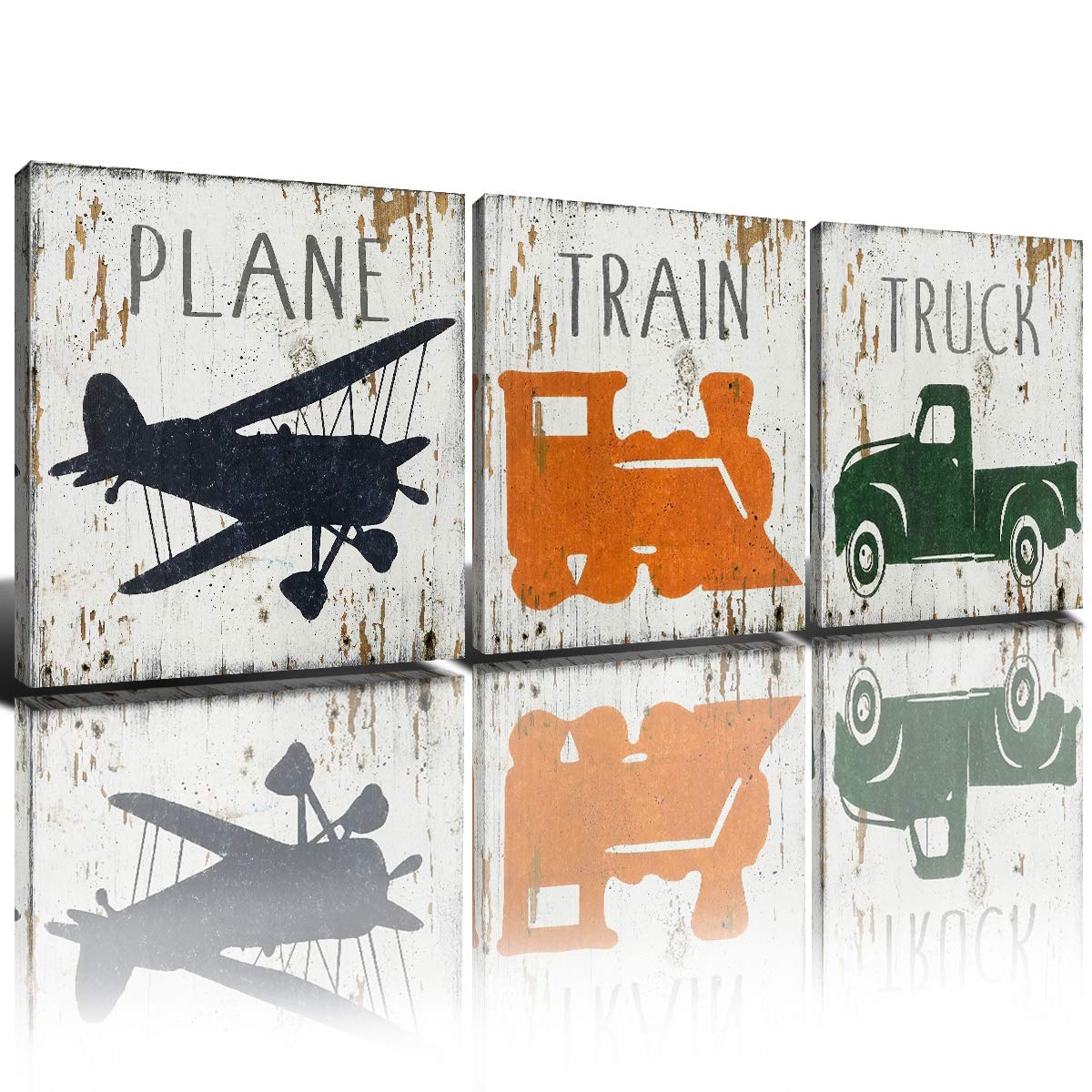 Airplane Decor for Teen Room Rustic Toy Car Wall Art Cute Cartoon Train Canvas Prints 12 x 12" for Nursery Painted Picture Painting Pictures Artwork Boys Kids Bedroom Home Decorations Set of 3 Panels