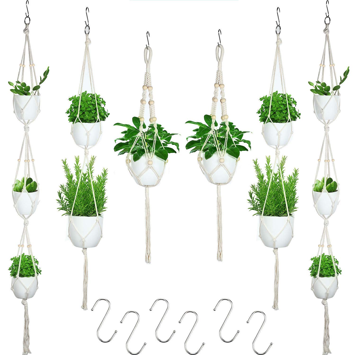 6 Pièces Cintres en Macramé avec 6 Crochets, Différents Niveaux, Set de Jardinières Suspendues en Corde de Coton à la Main Porte-Pots de Fleurs Support de Plantes Suspendues pour Décoration Boho