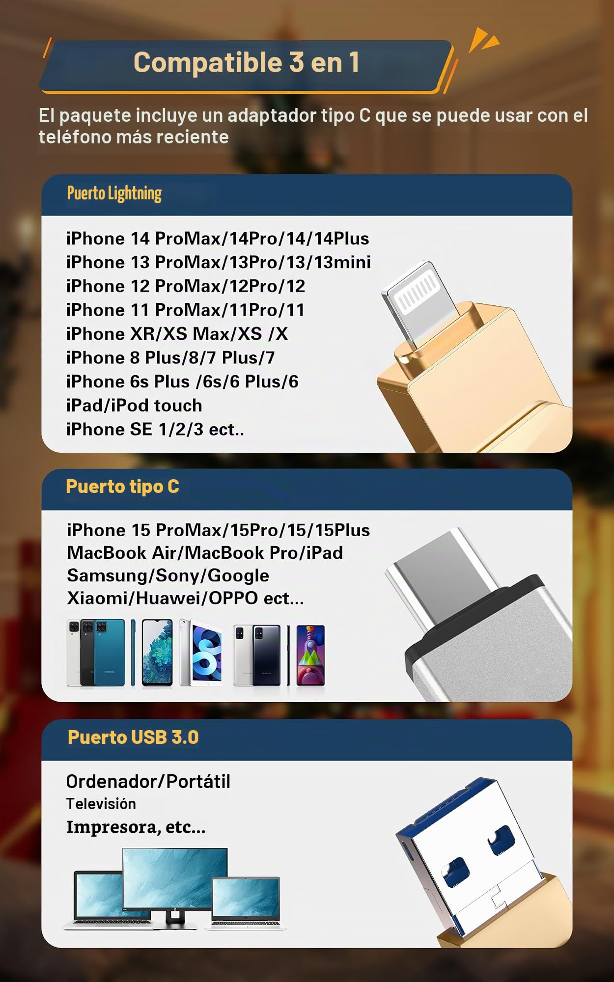 Pendrive para iPhone 256GB,[MFi Certificado] Patianco Memoria Externa USB C para iPad 3 en1 Flash Drive Externa Storage Ptotostick Lightning para OTG Android Smartphone Tablet Mac PC iOS(Oro)