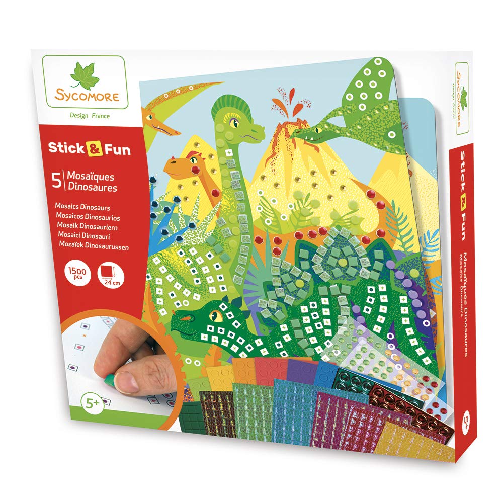 SycomoreCRE7007 Self-Adhesive Mosaics for Children-5 Dinosaurs Scenes-Craft Activity-Stick & Fun-from Age 5 years-Sycomore-CRE7007, Multicolors