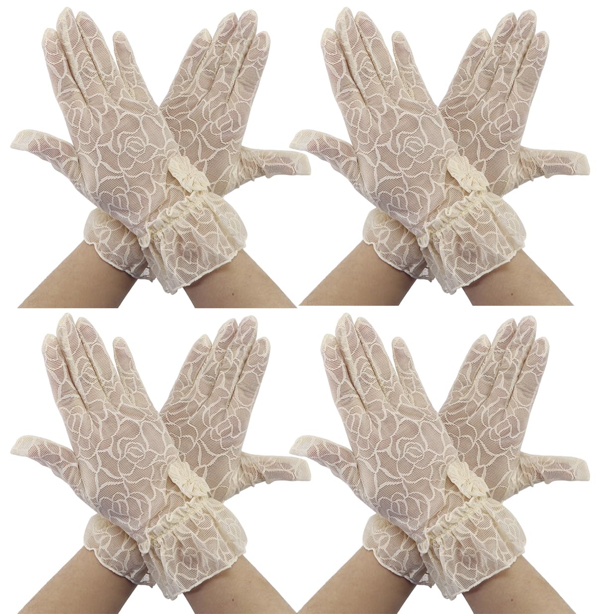 Coolwife Lace Gloves 4 Pairs Women Floral Ladies Bridal Tea Party Vintage Cosplay Fancy Dress Wedding Gloves (Beige)