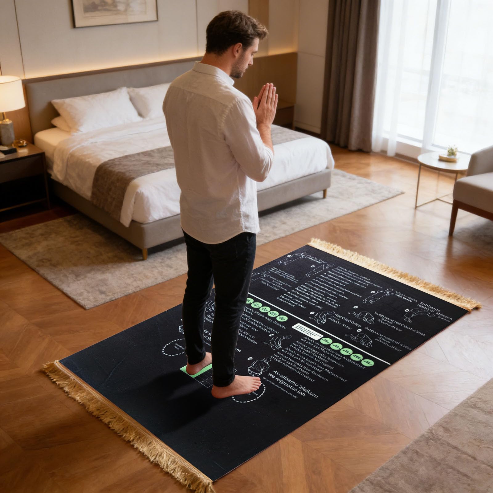 Générique Tapis De Prière Guidé Bilingue pour Pratique De Salah pour Nouveaux Musulmans Convertis Et Enfants, Apprentissage Étape par Étape pour Maison Et Voyage (Black, 50x90cm) - 3