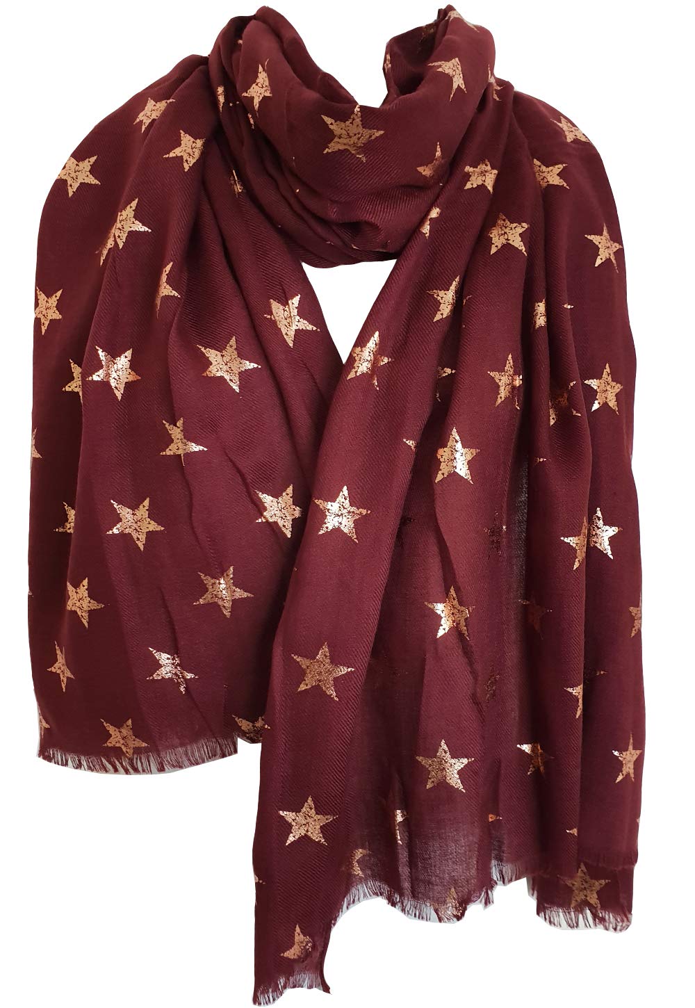 GlamLondon Stars Scarf Rose Gold Glitter Foil Antique Star Print Ladies Party Wedding Fashion Wrap (Burgundy)