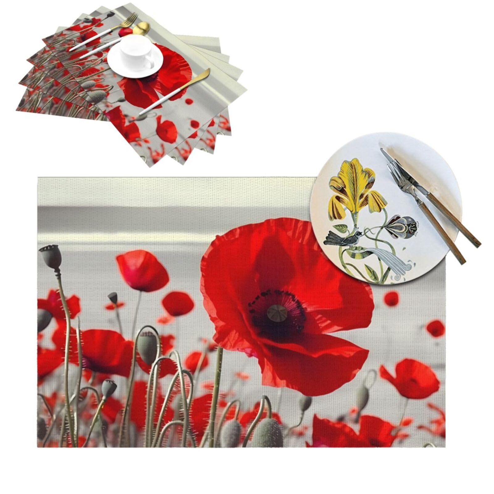 Set de table en PVC motif coquelicot rouge lavable et résistant (Lot de 6)