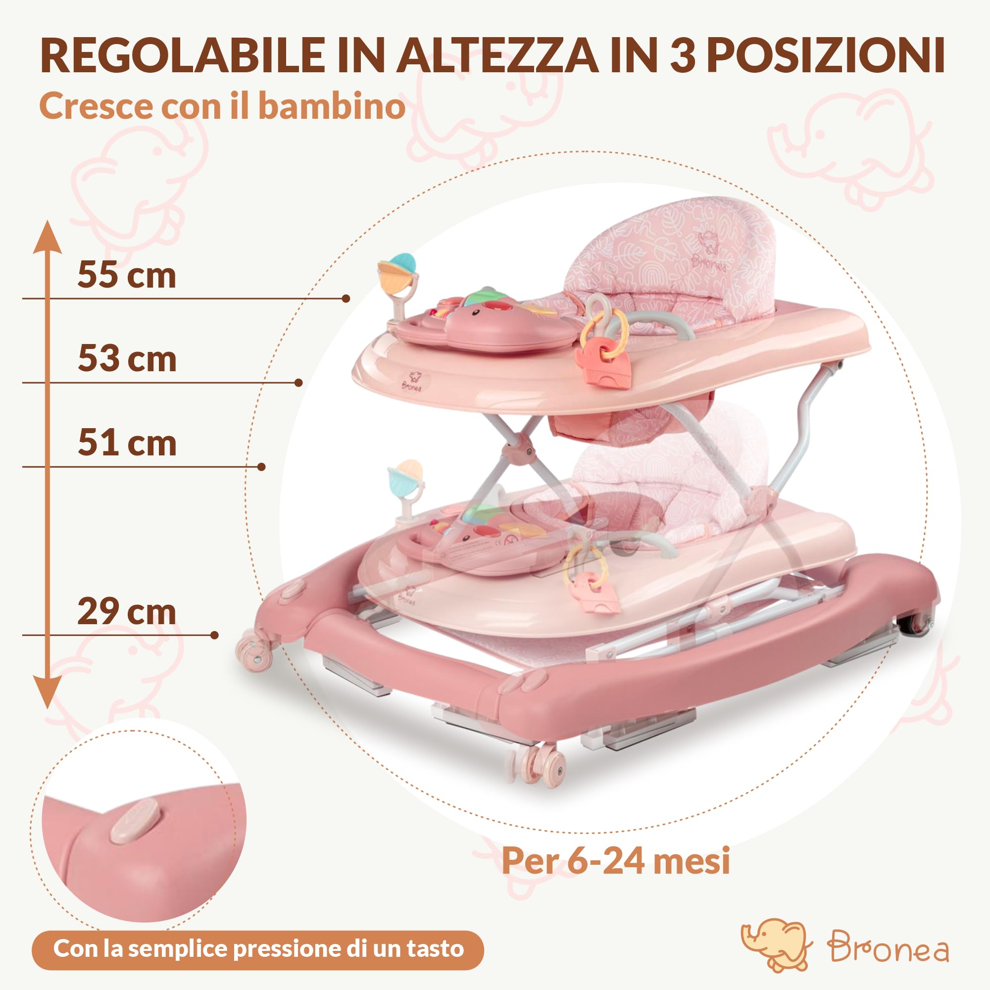 5-in-1 Girello per Bambini | Baby walker con funzione di dondolo, musica e luce | ausilio per la deambulazione dei bambini a partire da 6 mesi | regolabile in altezza | pieghevole | Rosa