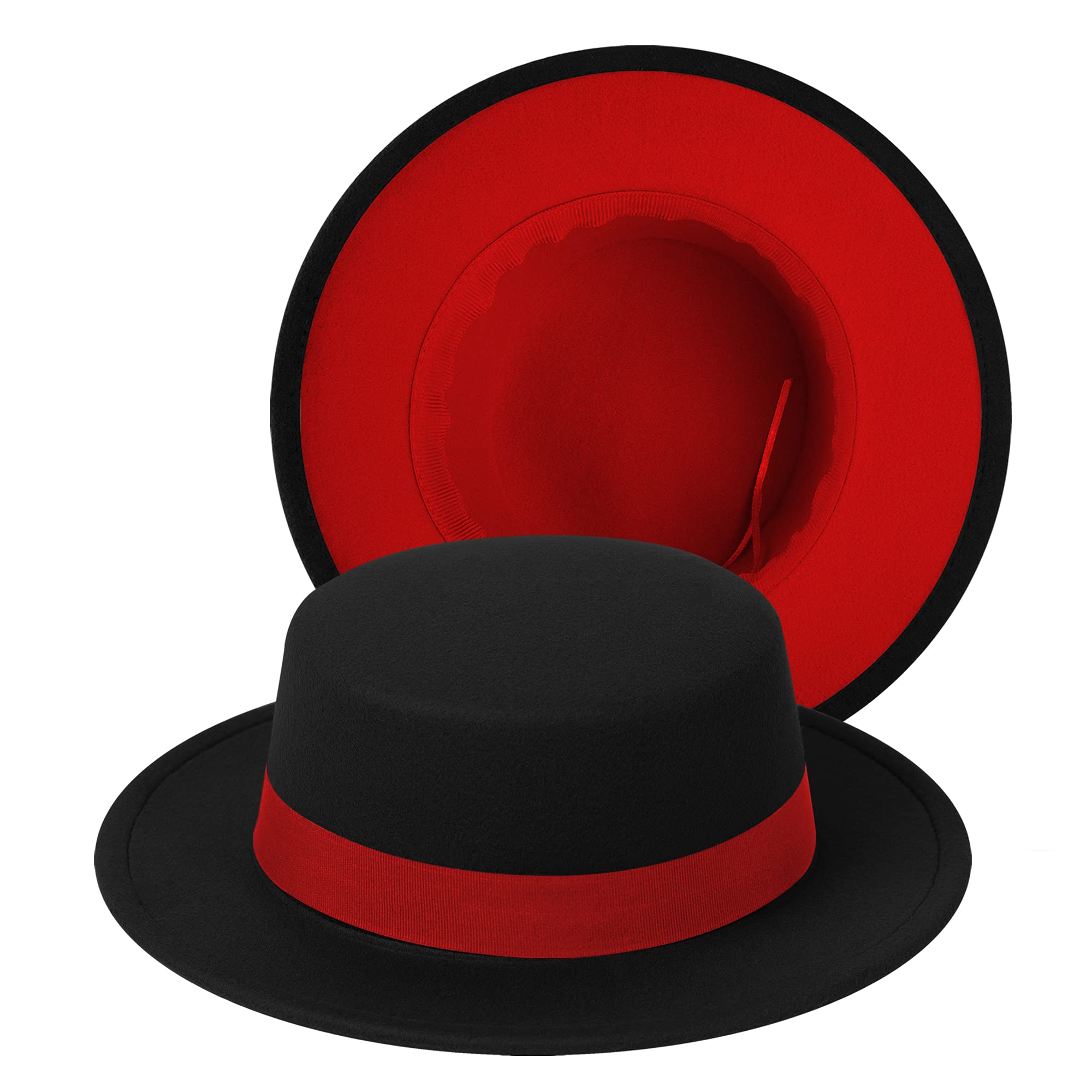jingshaClassic Fedora Hat Two Tone Flat Top Hat with Band Wide Brim Pork Pie Hat Adjustable Patchwork Colors Panama Hat