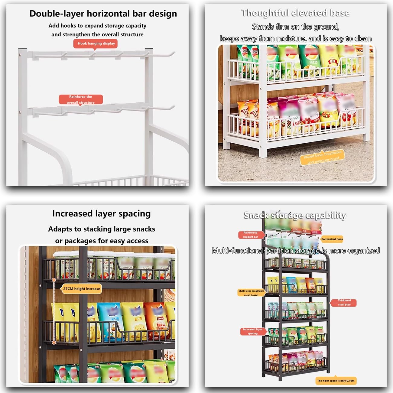 Verkaufsregal, extra hohes 5-stöckiges Verkaufsregal mit Haken, Regalständer für Lebensmittelgeschäfte, Supermarkt-Displayeinheit, einfache Montage, atmungsaktive Netzkörbe, 60 x 27 x 166 cm