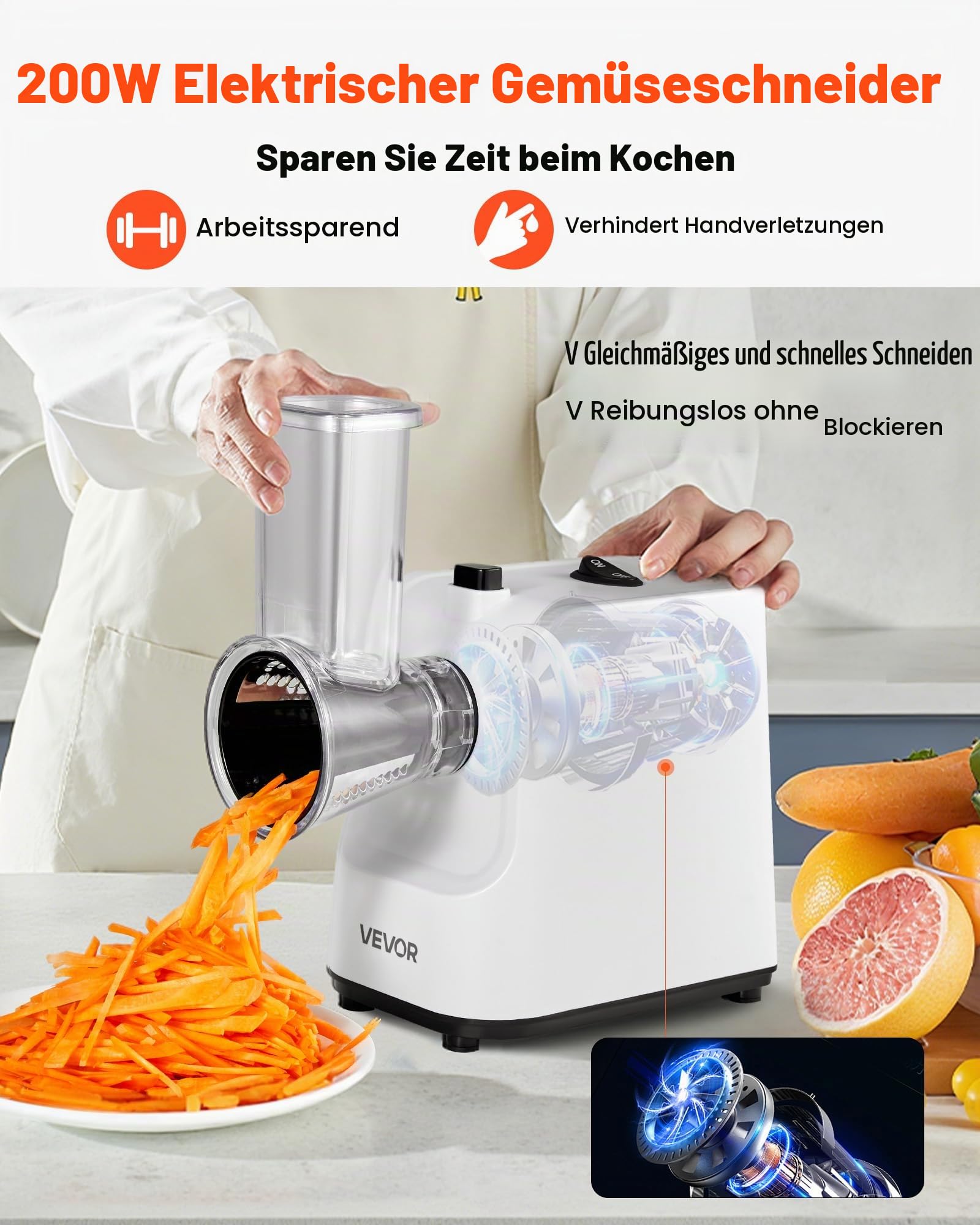 VEVOR Elektrische Käsereibe Salatzubereiter 200 W Gemüsehobel Gemüseschneider, Drehreibe mit 5 Aufsätzen, Lebensmittelschneider mit Edelstahlklingen für Gemüse Käse schnelles Schneiden