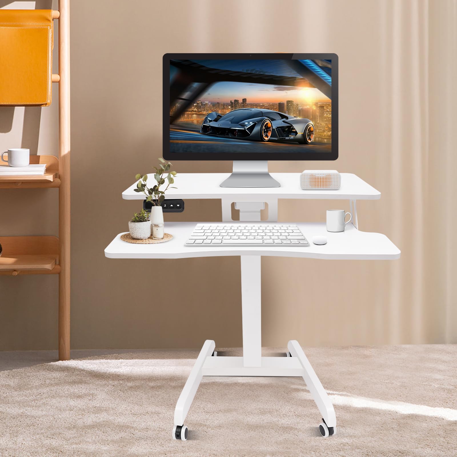 Scrivania elettrica a 2 Livelli con Altezza di rotolamento Regolabile, scrivania Mobile in Piedi, postazione di Lavoro Sit-Stand per Home Office, Bianca