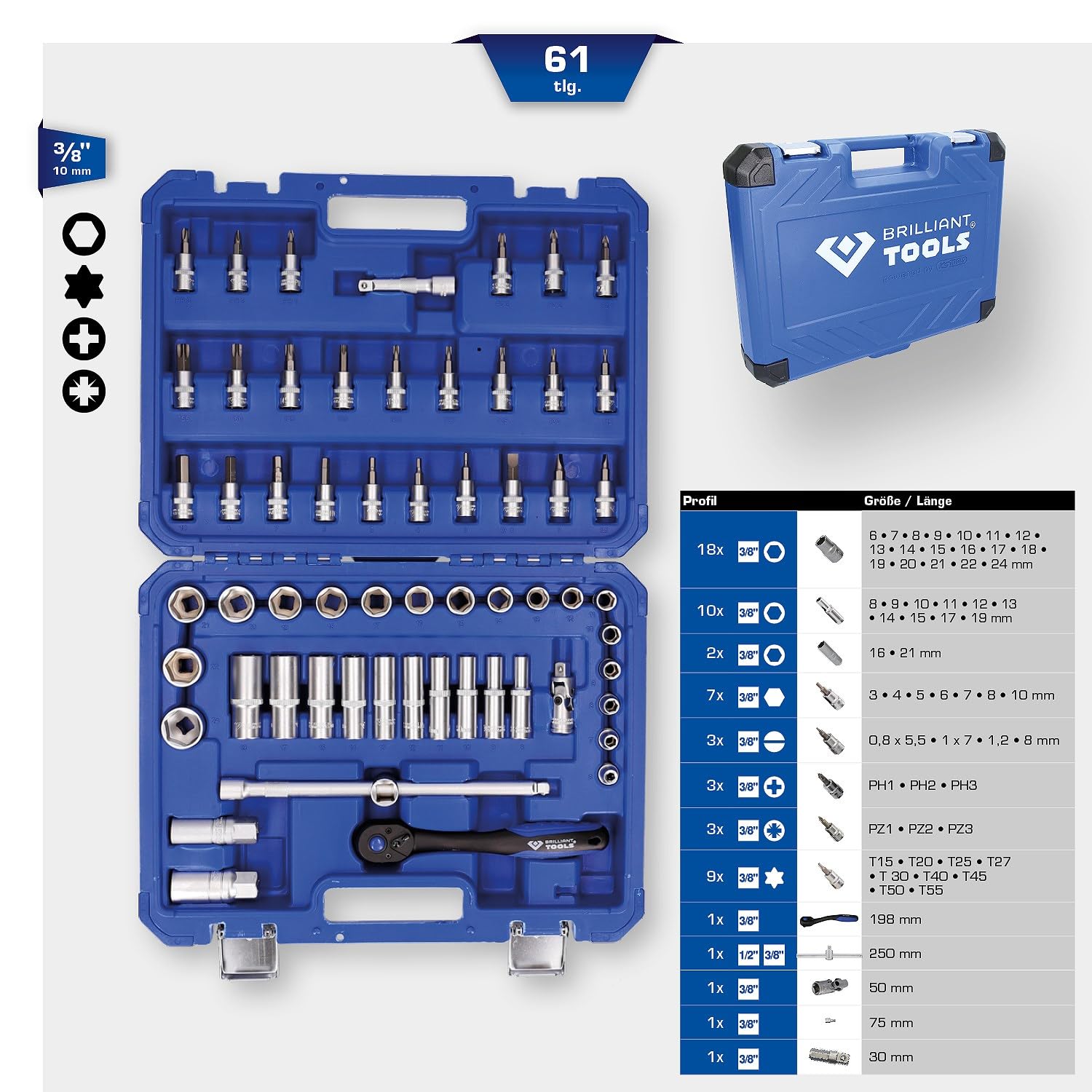 BRILLIANT TOOLS BT021061 Juego de llaves de vaso de 3/8", 61 pzs [Powered by KS TOOLS]