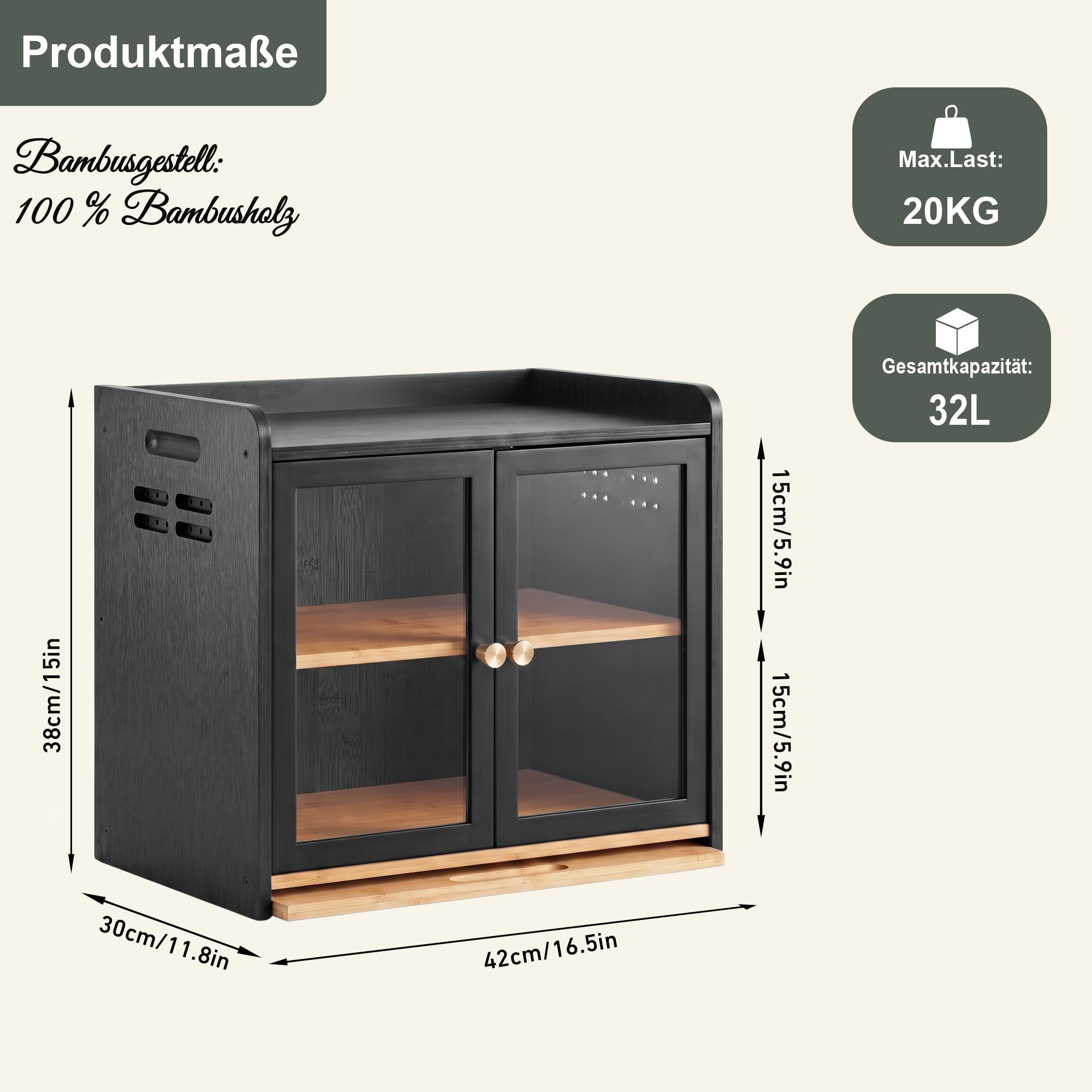 ADEL DREAM Bambus Küchen Organizer mit Brotschrank, Schneidebrett&Klare Tür
